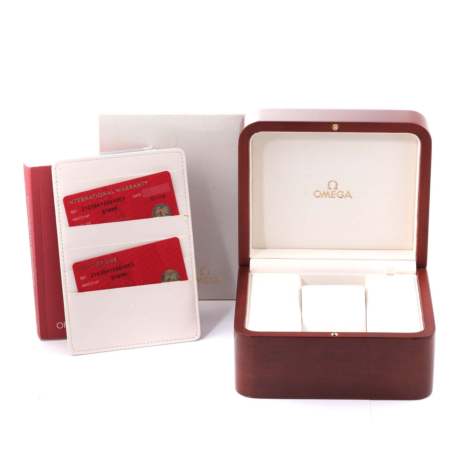 The image shows the box, cardholder, and warranty cards for an Omega Seamaster 212.30.41.20.01.003 Men's Stainless Steel Black Dial 212.30.41.20.01.003 Men's Stainless Steel Black Dial model watch.