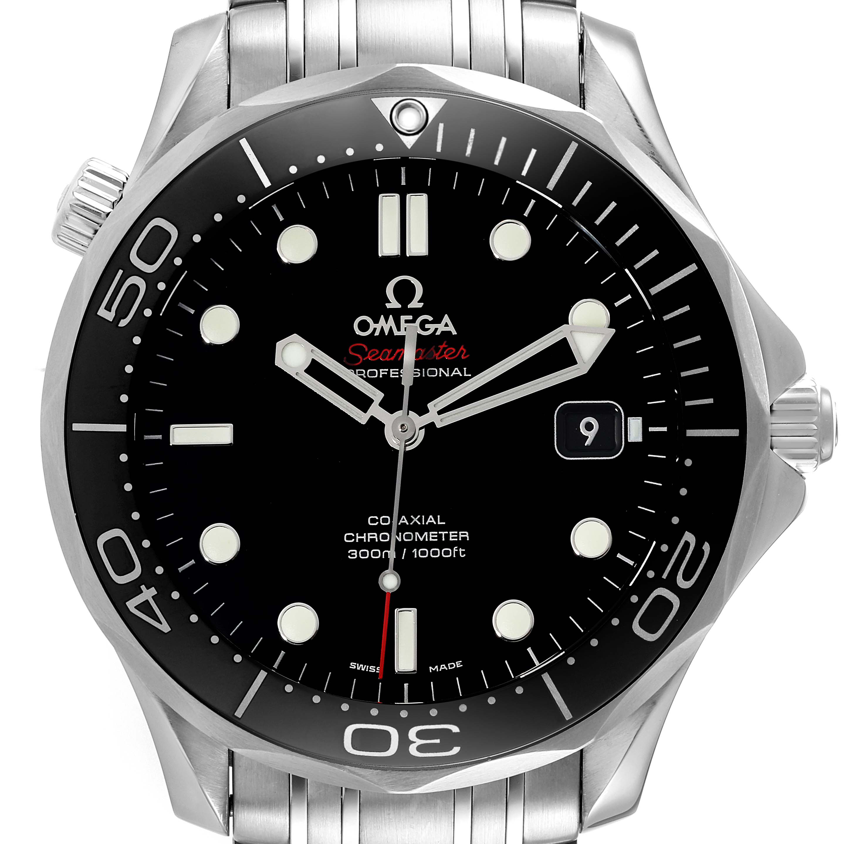The Omega Seamaster 212.30.41.20.01.003 Men's Stainless Steel Black Dial 212.30.41.20.01.003 Men's Stainless Steel Black Dial watch is shown from the front, highlighting its black dial, bezel, and stainless steel bracelet.