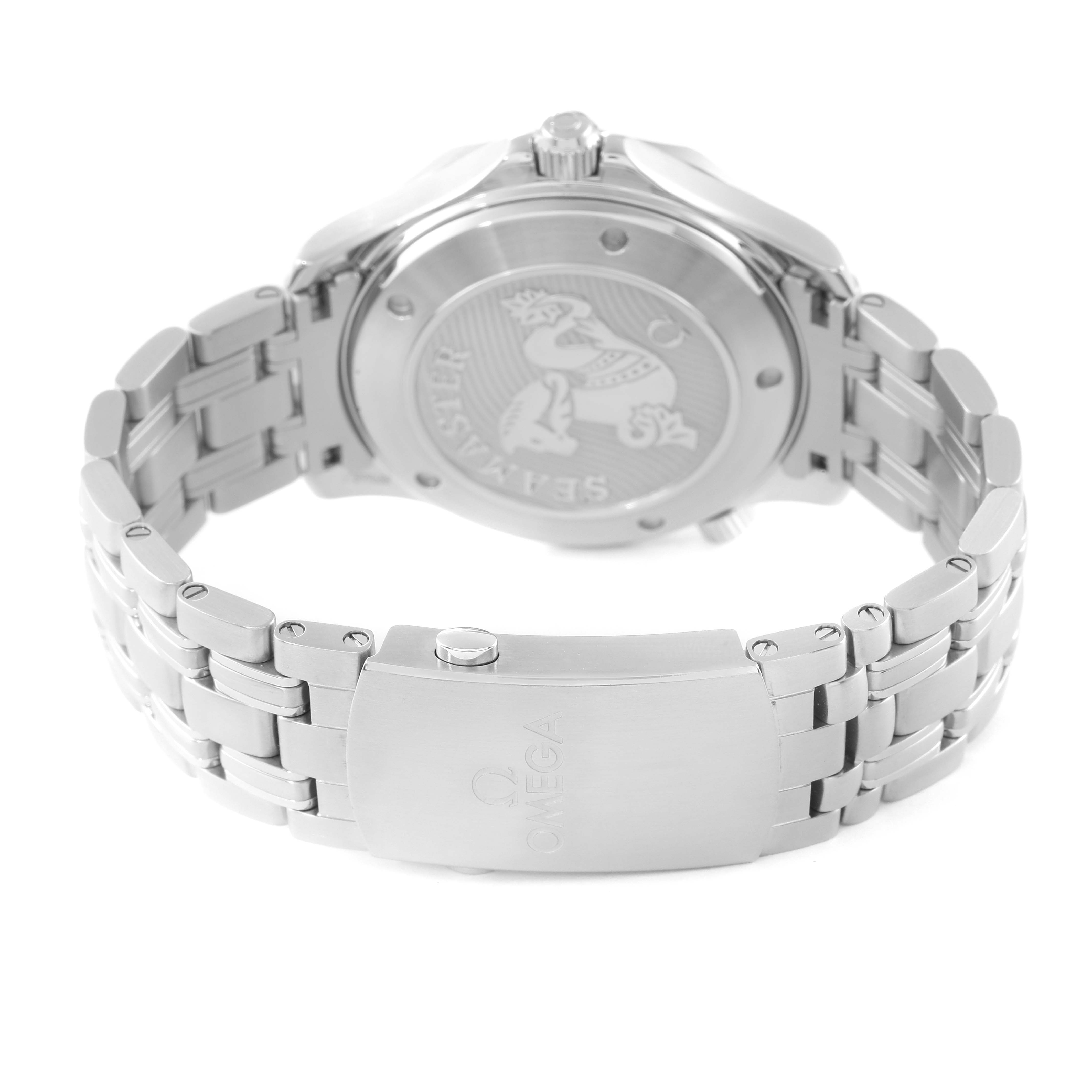 This image shows the back case and bracelet clasp of an Omega Seamaster 212.30.41.20.01.003 Men's Stainless Steel Black Dial 212.30.41.20.01.003 Men's Stainless Steel Black Dial watch from a rear angle.