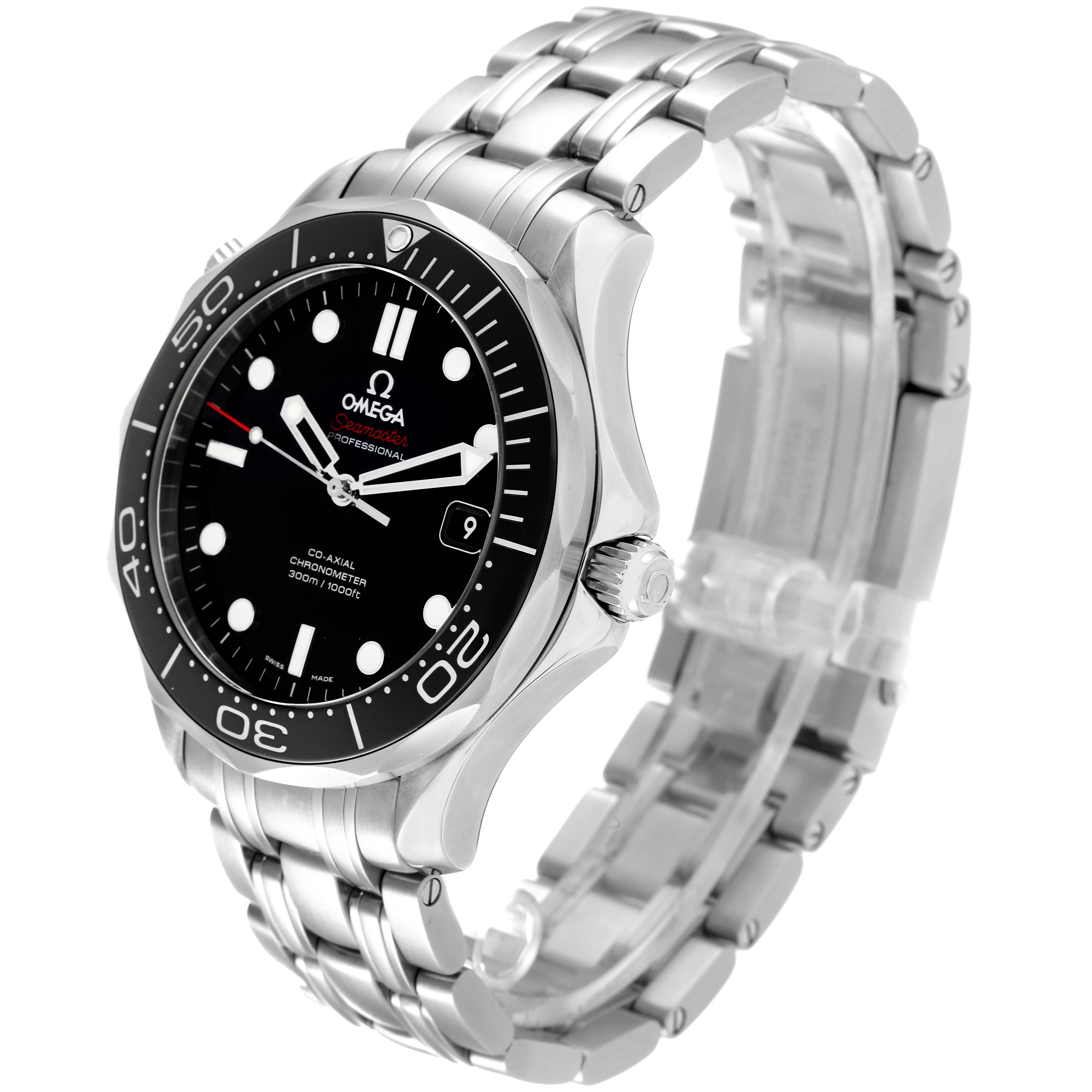 The image shows an Omega Seamaster 212.30.41.20.01.003 Men's Stainless Steel Black Dial 212.30.41.20.01.003 Men's Stainless Steel Black Dial watch at a three-quarter angle featuring the face, bezel, crown, and bracelet.