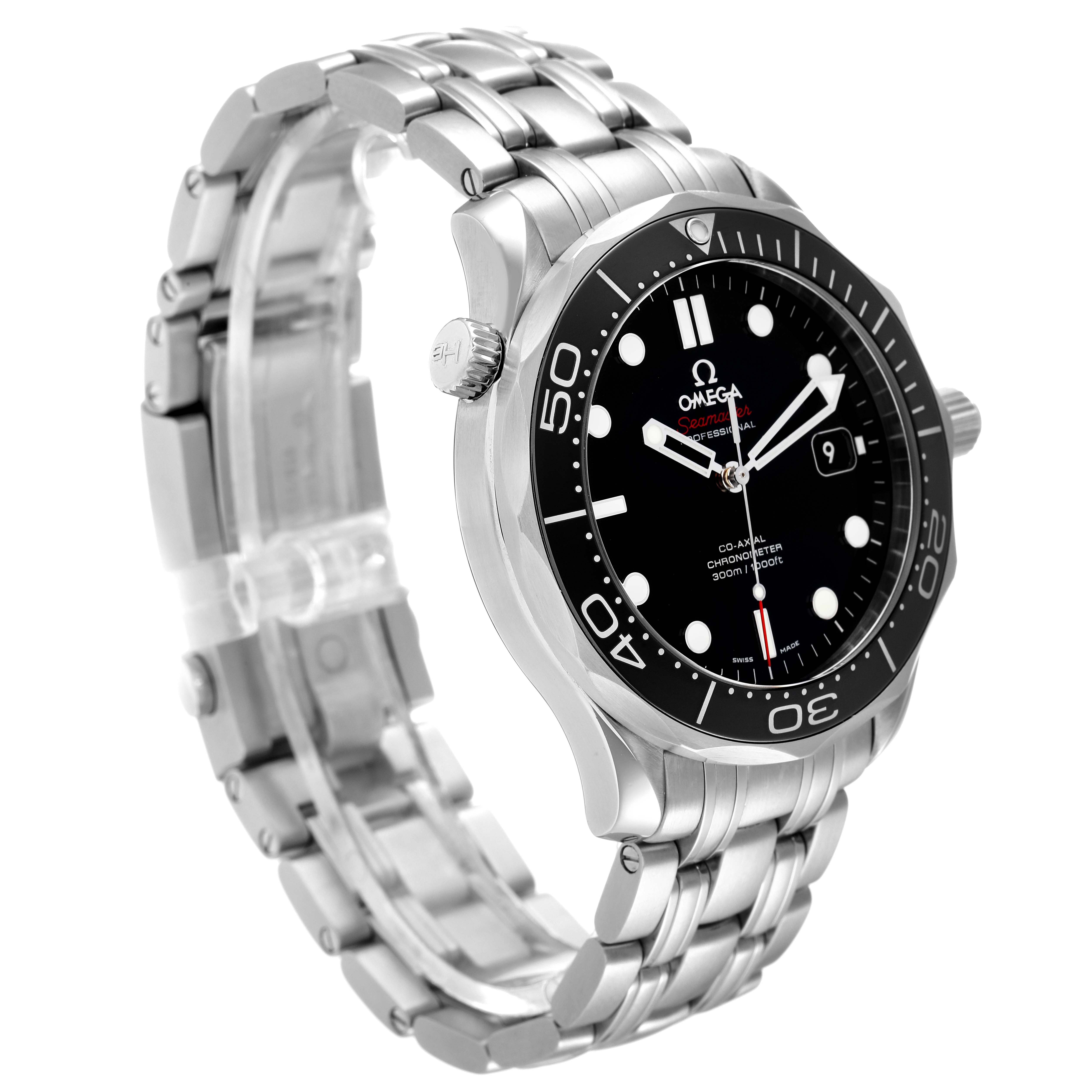 The Omega Seamaster 212.30.41.20.01.003 Men's Stainless Steel Black Dial 212.30.41.20.01.003 Men's Stainless Steel Black Dial watch is shown from a three-quarter angle, highlighting the dial, bezel, crown, and bracelet.