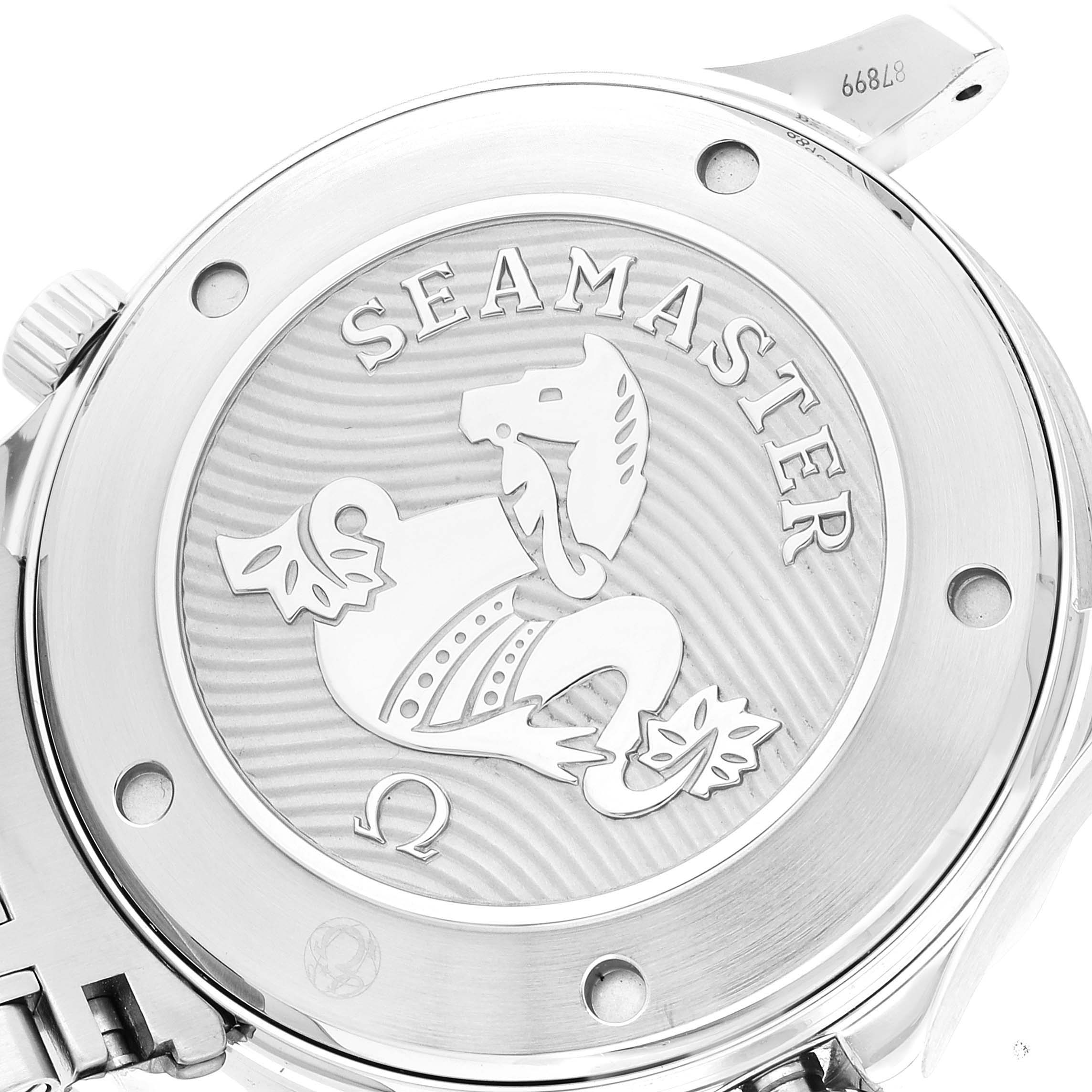 The image shows the case back of the Omega Seamaster 212.30.41.20.01.003 Men's Stainless Steel Black Dial 212.30.41.20.01.003 Men's Stainless Steel Black Dial watch, highlighting the engraved logo and wave pattern.