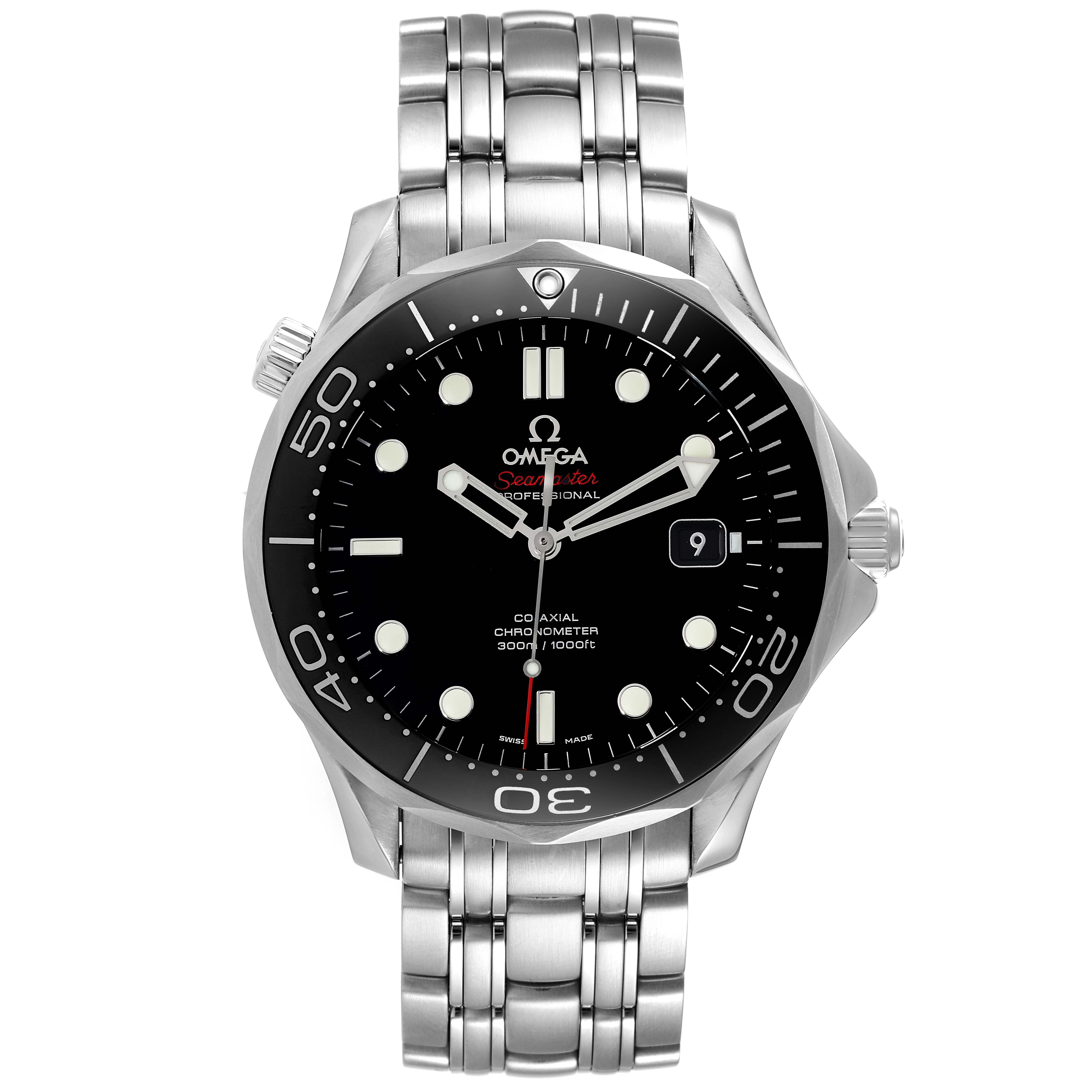 The image shows a front view of an Omega Seamaster 212.30.41.20.01.003 Men's Stainless Steel Black Dial 212.30.41.20.01.003 Men's Stainless Steel Black Dial watch, displaying its dial, bezel, and metal bracelet.