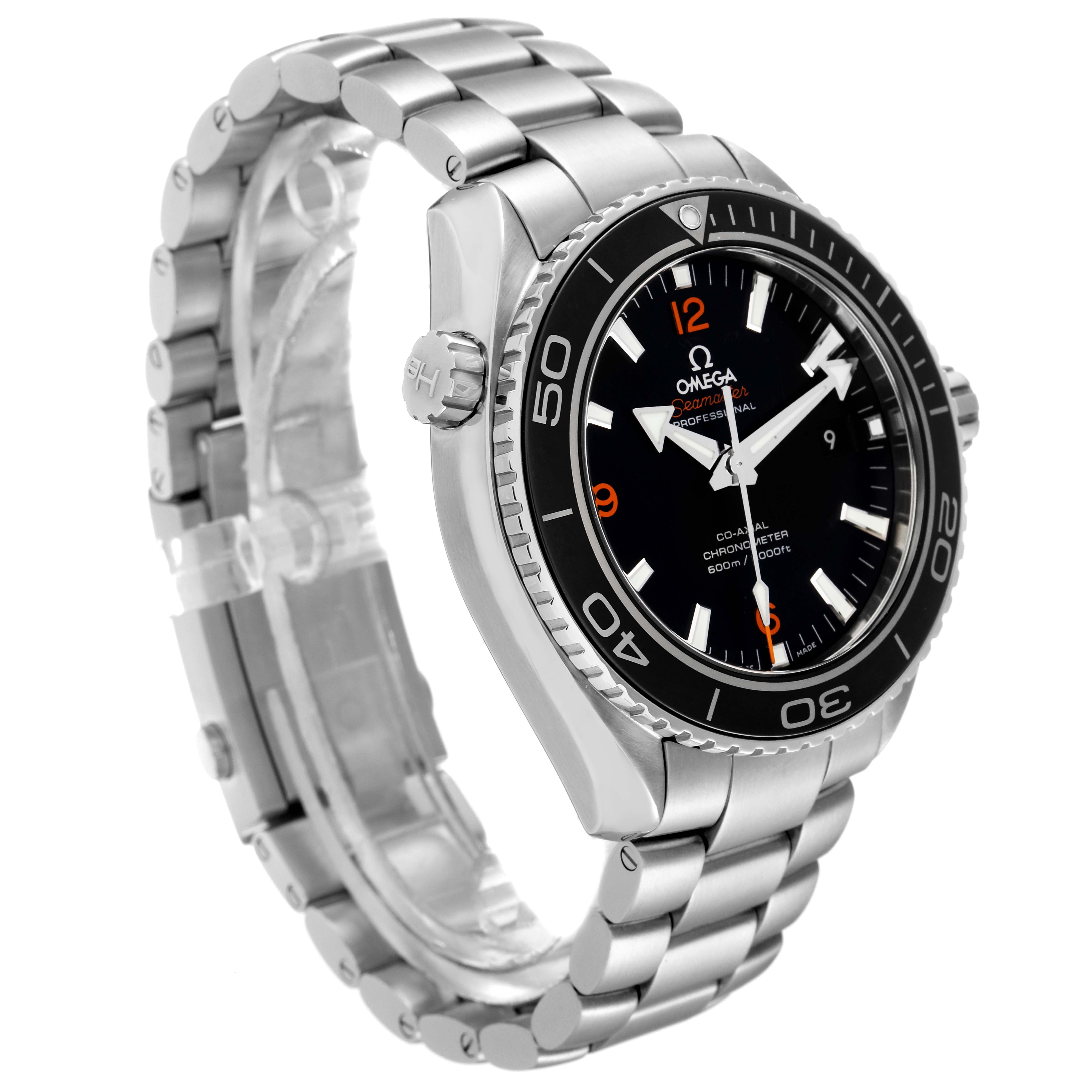 This image shows the Omega Planet Ocean 232.30.46.21.01.003 Men's Stainless Steel Black Dial 232.30.46.21.01.003 Men's Stainless Steel Black Dial watch at a side angle, featuring its stainless steel band and bezel details.