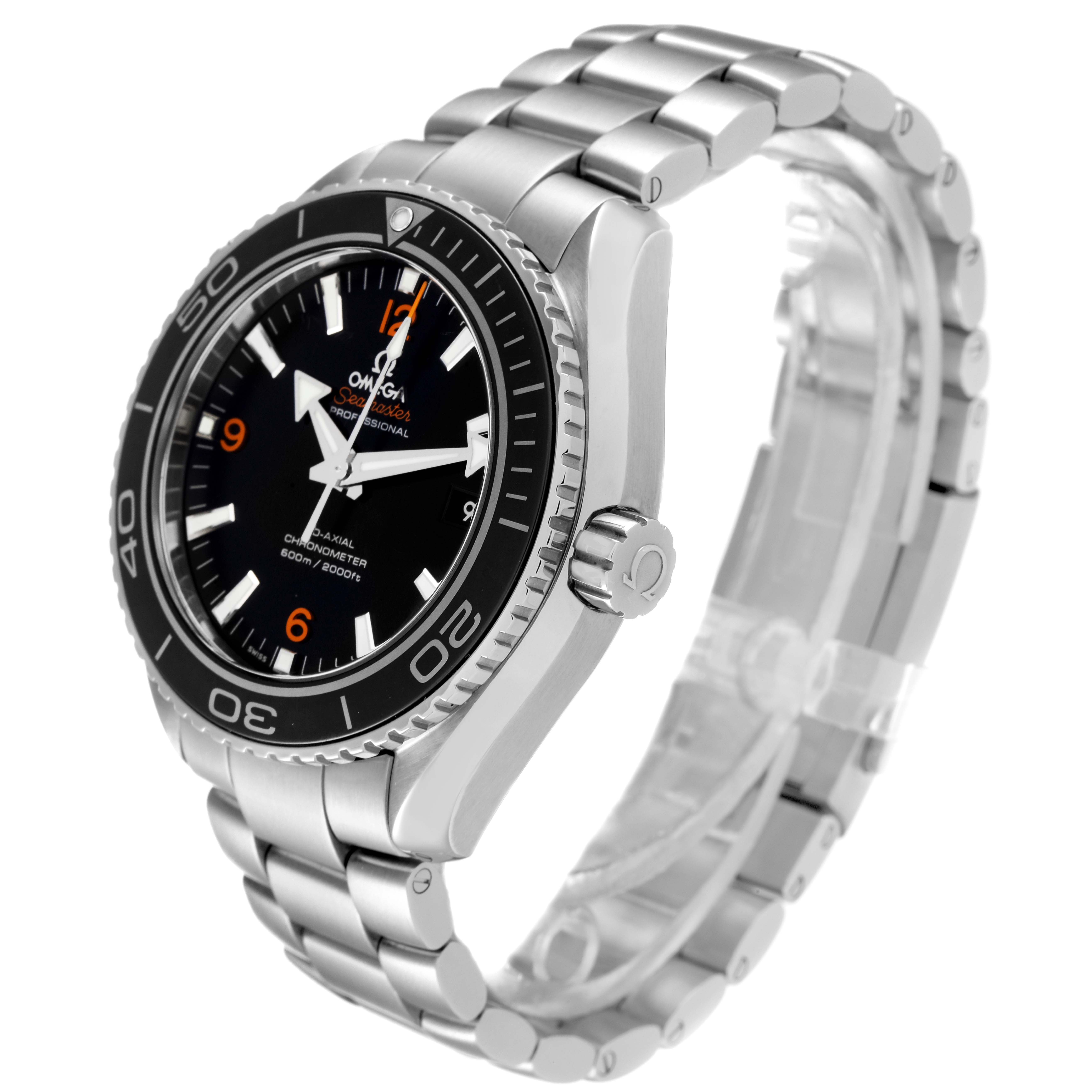 The Omega Planet Ocean 232.30.46.21.01.003 Men's Stainless Steel Black Dial 232.30.46.21.01.003 Men's Stainless Steel Black Dial watch is shown at an angled view, highlighting its face, bezel, crown, and metal bracelet.