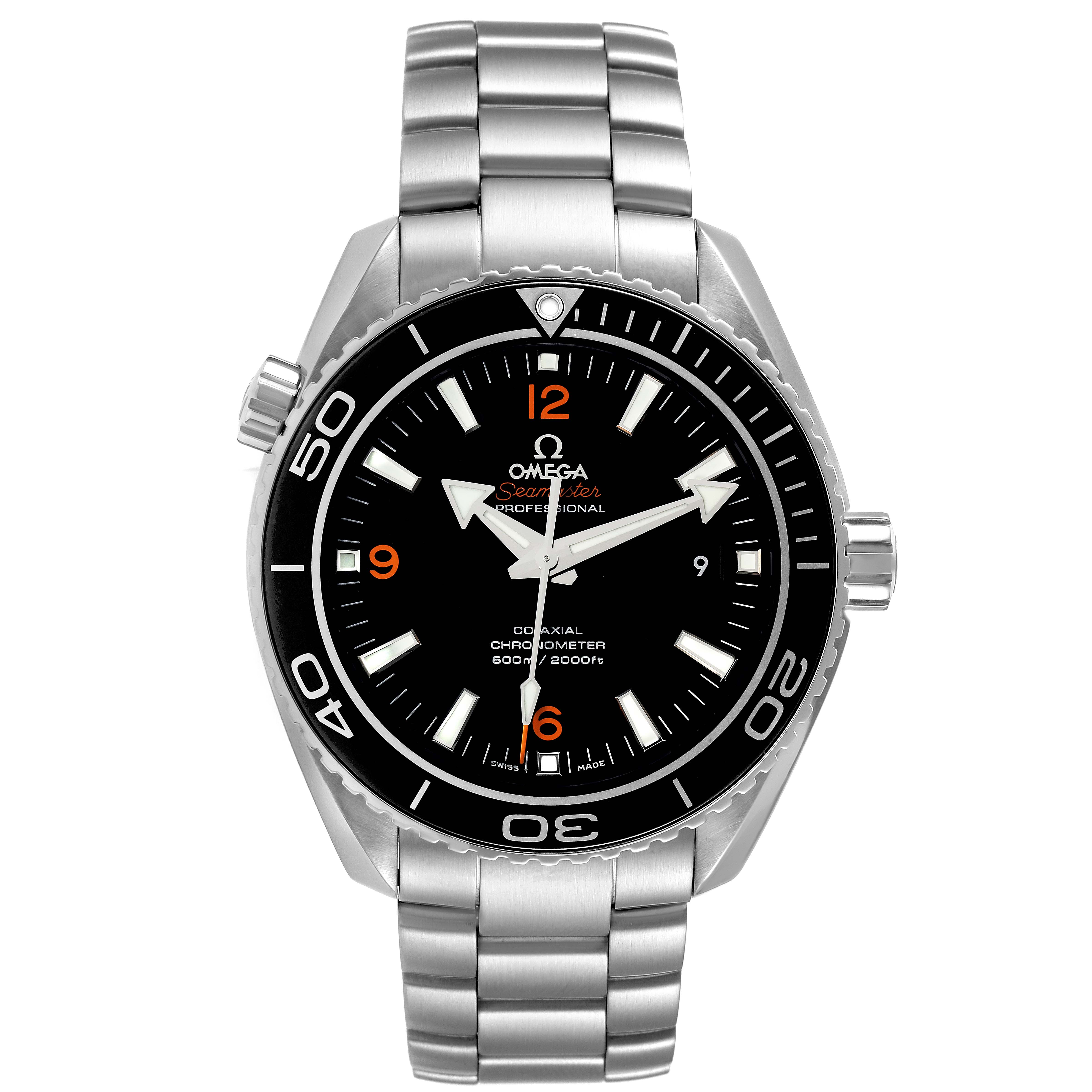 The image shows a front-facing view of the Omega Planet Ocean 232.30.46.21.01.003 Men's Stainless Steel Black Dial 232.30.46.21.01.003 Men's Stainless Steel Black Dial model watch, highlighting its dial, bezel, and stainless steel bracelet.
