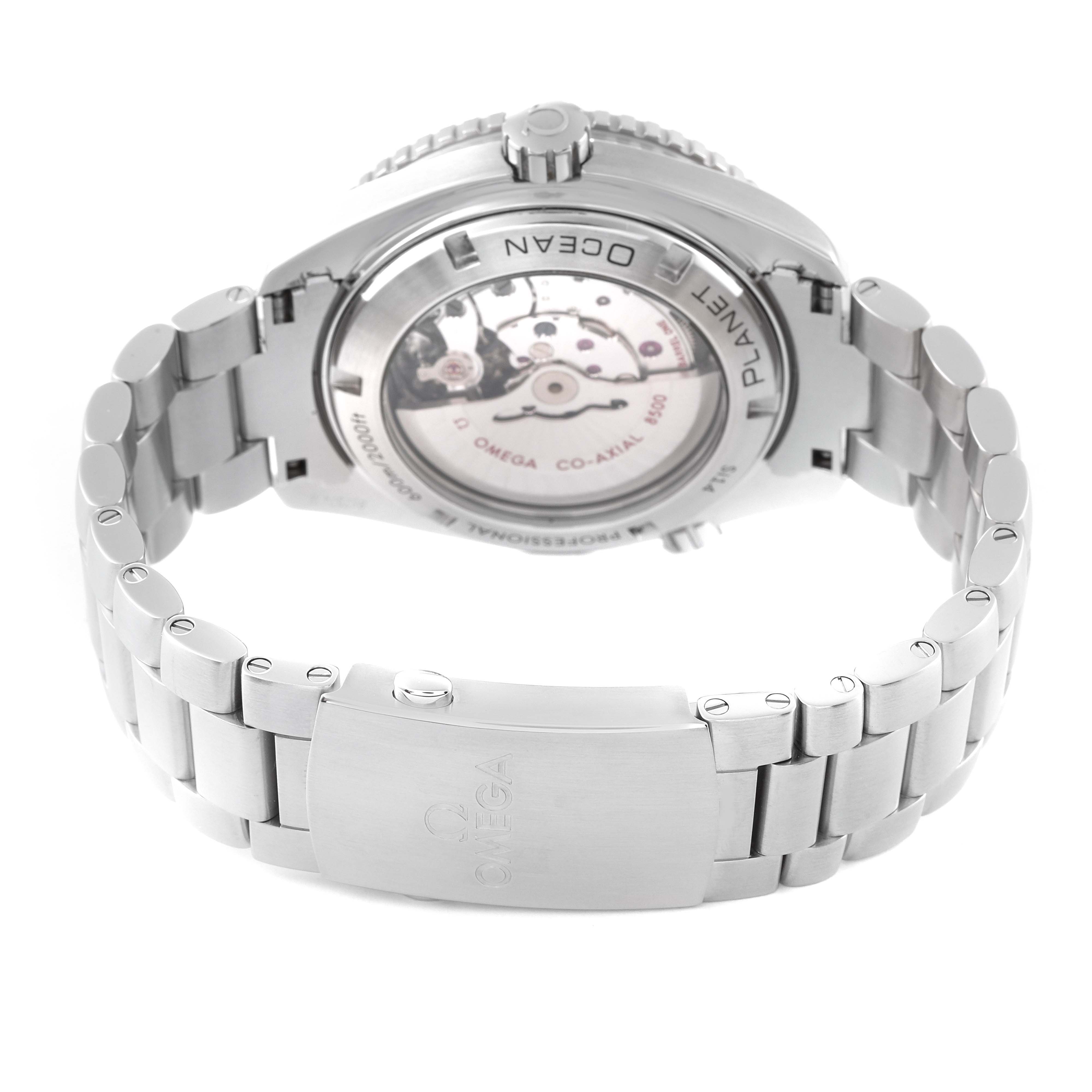 The image shows the back view of the Omega Planet Ocean 232.30.46.21.01.003 Men's Stainless Steel Black Dial 232.30.46.21.01.003 Men's Stainless Steel Black Dial watch, highlighting the exhibition case back and stainless steel bracelet.