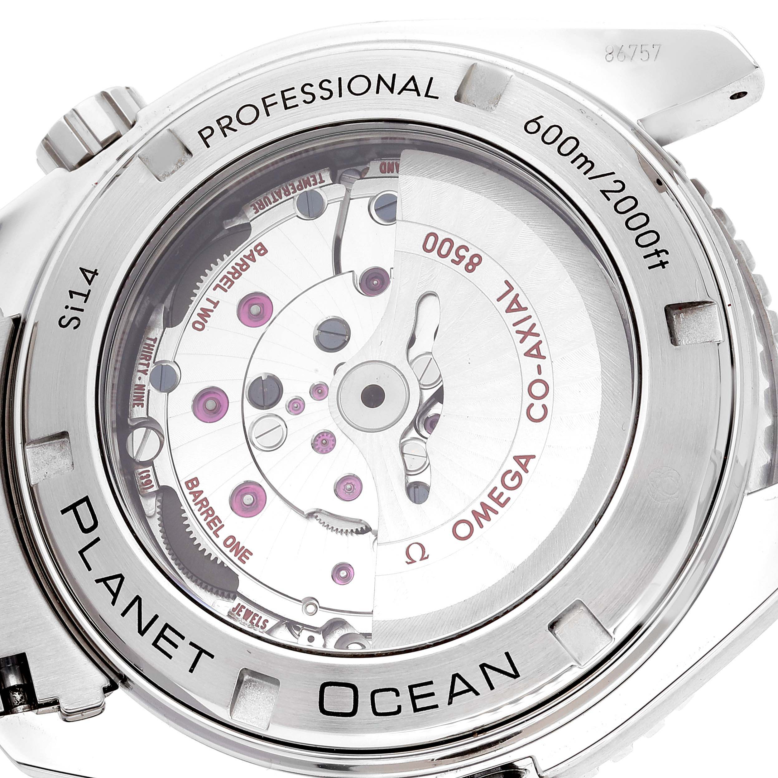 The image shows the back of an Omega Planet Ocean 232.30.46.21.01.003 Men's Stainless Steel Black Dial 232.30.46.21.01.003 Men's Stainless Steel Black Dial watch, revealing the movement and internal mechanics.