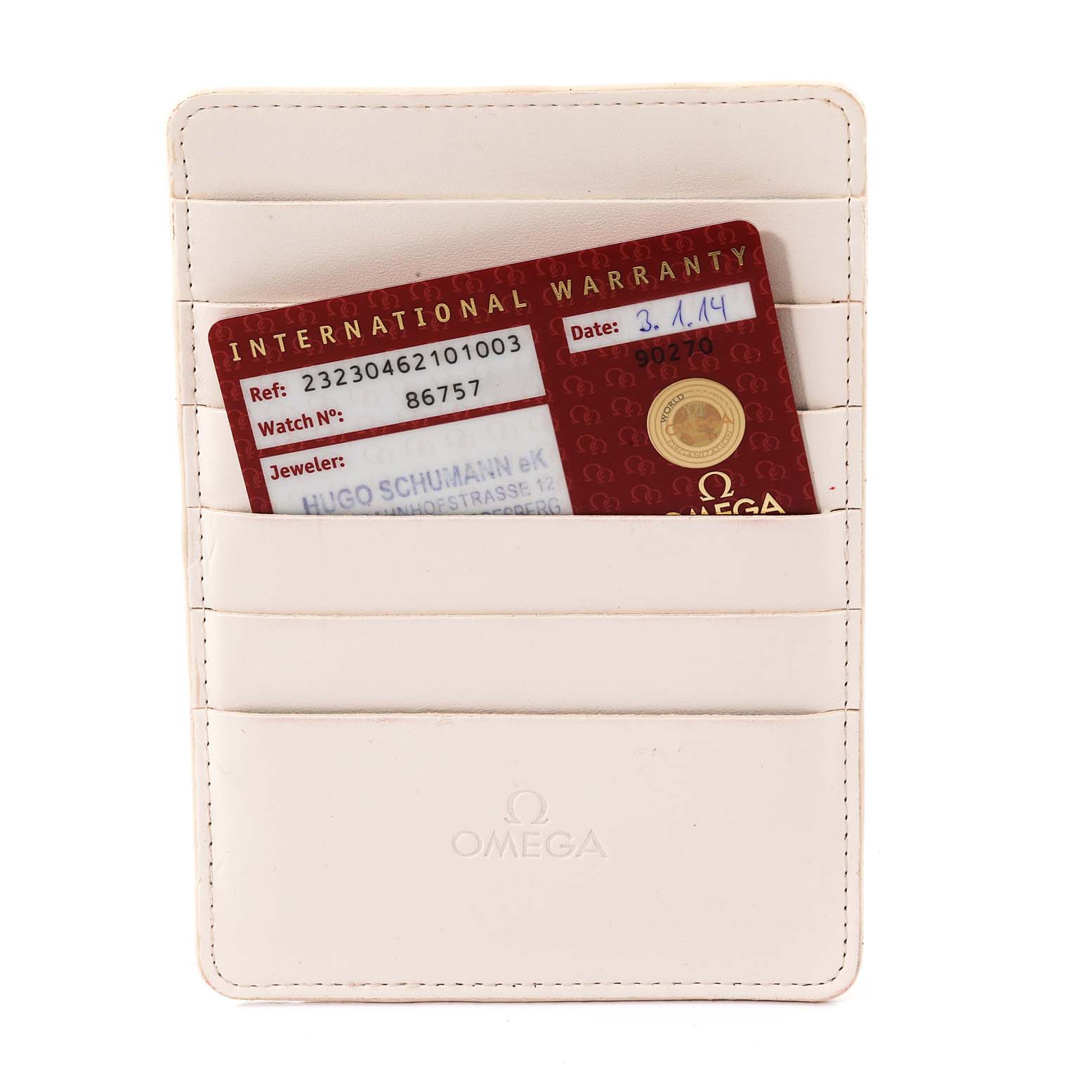 The image shows a white Omega cardholder containing an International Warranty card for the Omega Planet Ocean 232.30.46.21.01.003 Men's Stainless Steel Black Dial 232.30.46.21.01.003 Men's Stainless Steel Black Dial model.