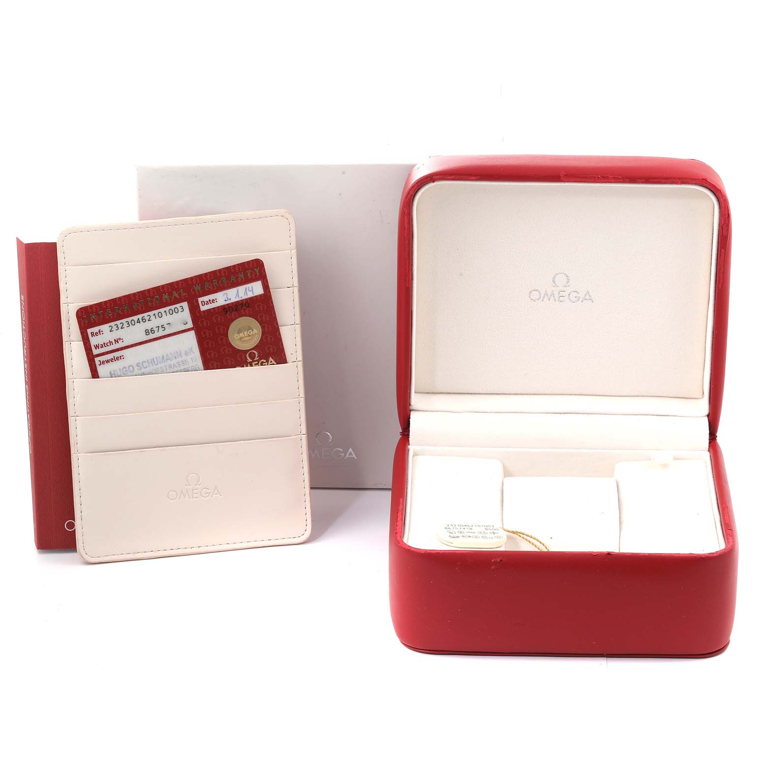 The image shows the packaging and certification cards for an Omega Planet Ocean 232.30.46.21.01.003 Men's Stainless Steel Black Dial 232.30.46.21.01.003 Men's Stainless Steel Black Dial watch.