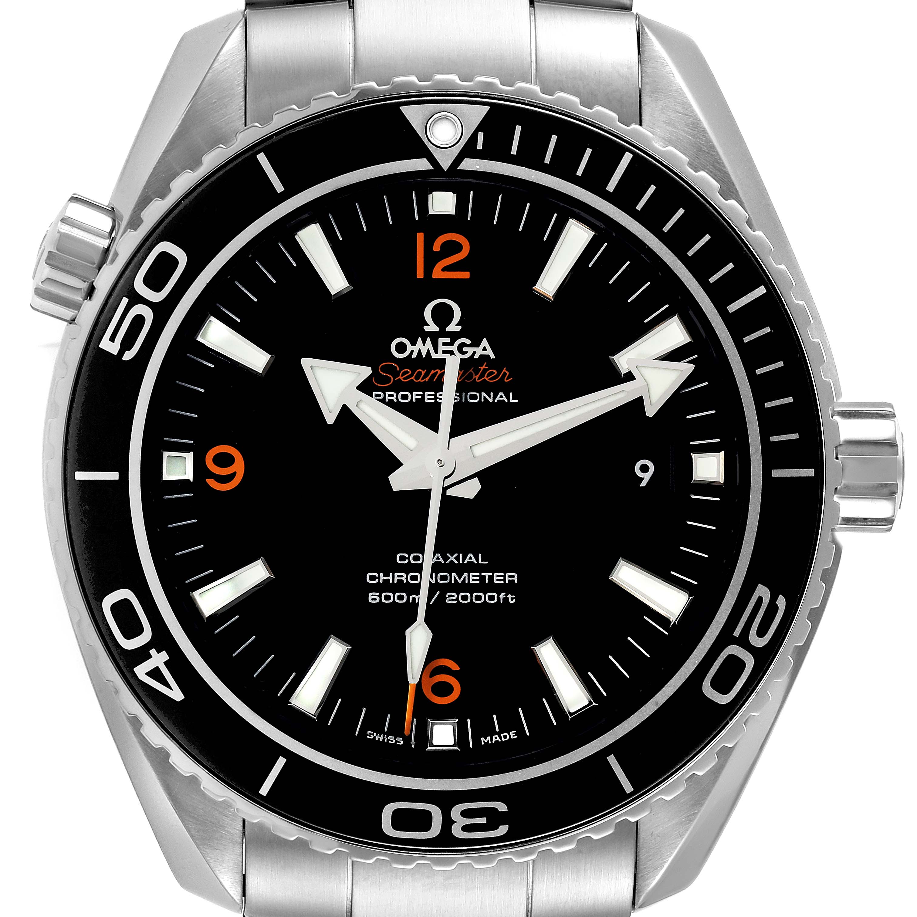 The image shows a front view of the Omega Planet Ocean 232.30.46.21.01.003 Men's Stainless Steel Black Dial 232.30.46.21.01.003 Men's Stainless Steel Black Dial model, featuring its face, bezel, and part of its metal bracelet.
