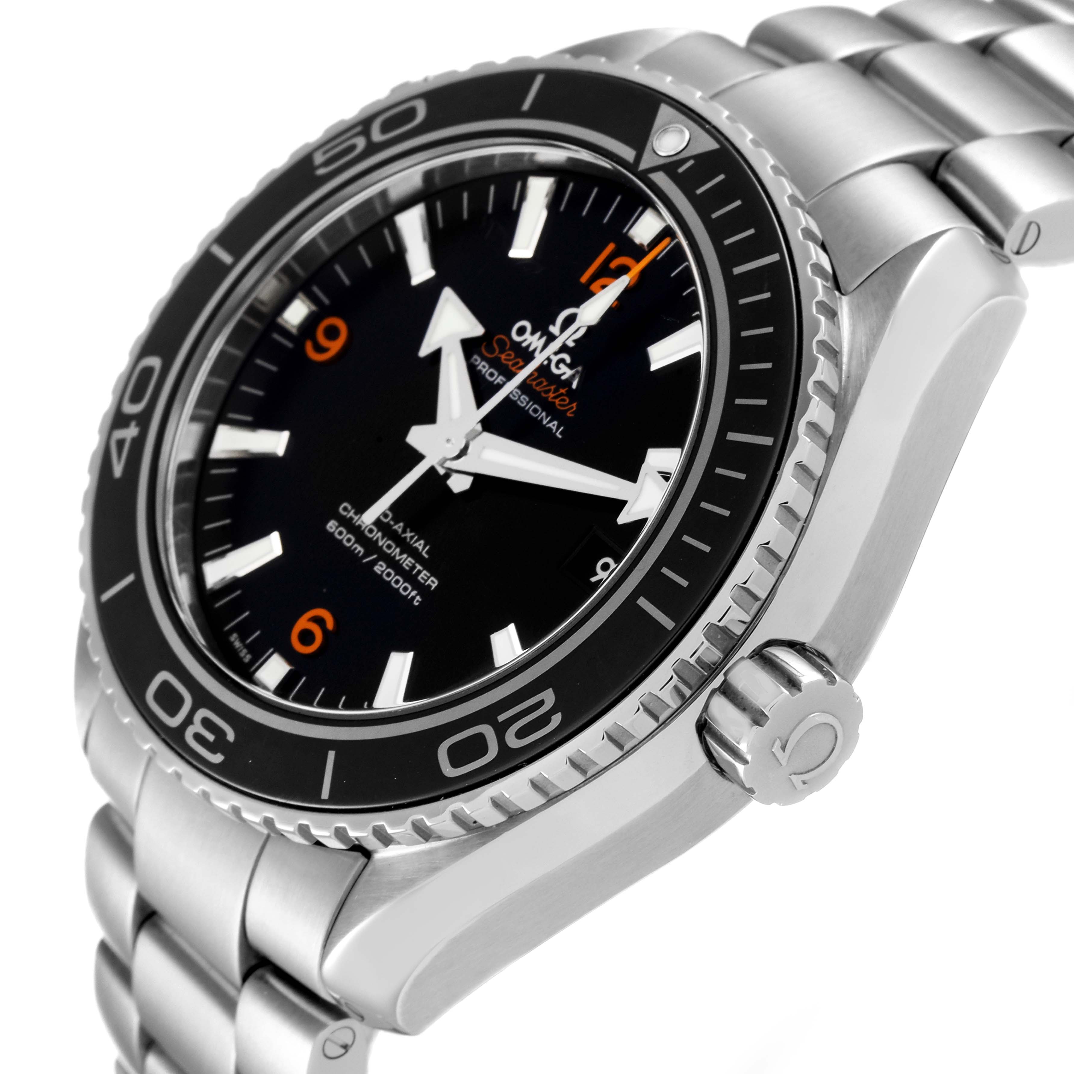 The image shows a side and top angle of the Omega Planet Ocean 232.30.46.21.01.003 Men's Stainless Steel Black Dial 232.30.46.21.01.003 Men's Stainless Steel Black Dial watch, highlighting the dial, bezel, bracelet, and crown.