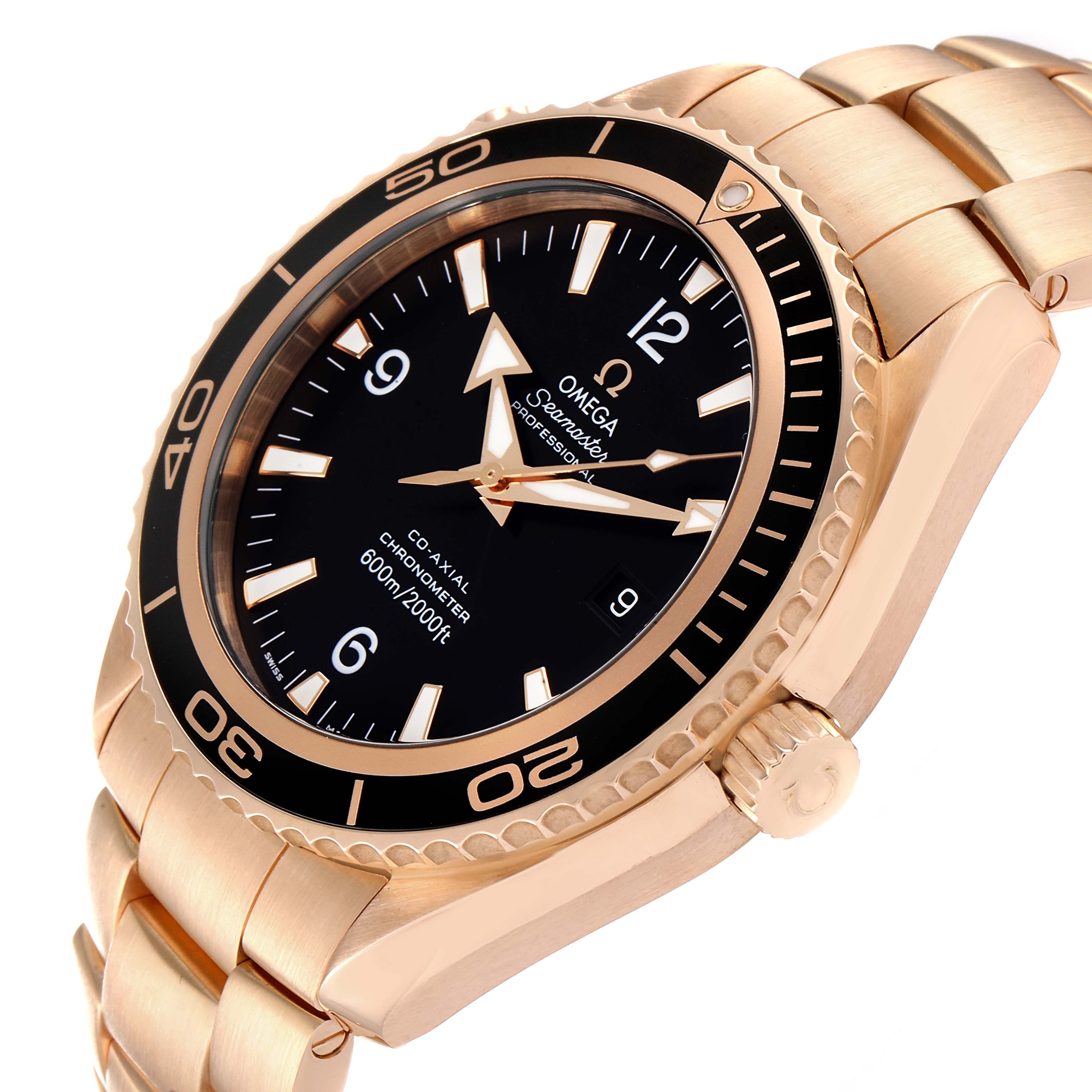 The image shows a close-up view of the Omega Planet Ocean 222.60.46.20.01.001 Men's Rose Gold Black Dial 222.60.46.20.01.001 Men's Rose Gold Black Dial watch at a slight angle, highlighting the face, bezel, and part of the bracelet.