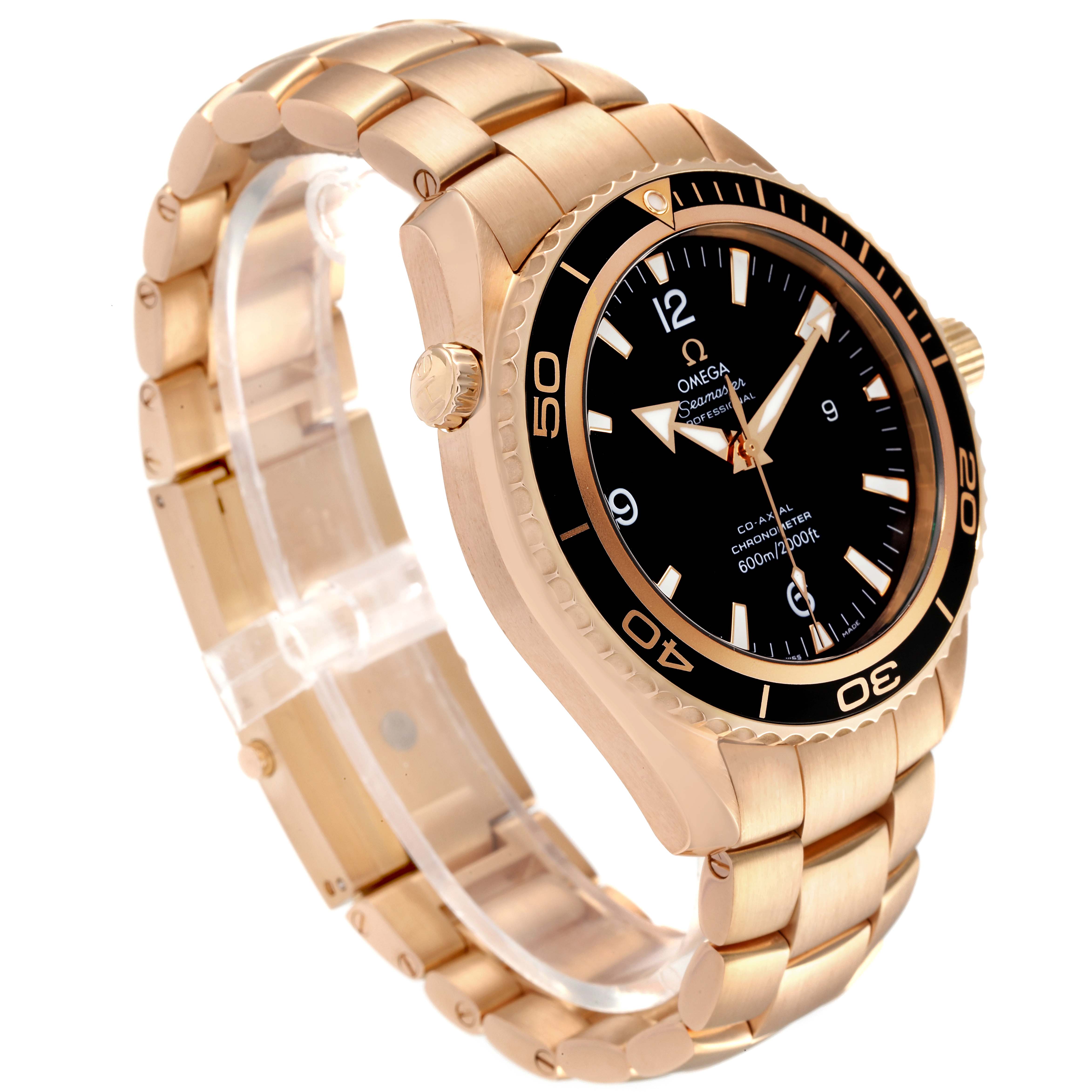 The Omega Planet Ocean 222.60.46.20.01.001 Men's Rose Gold Black Dial 222.60.46.20.01.001 Men's Rose Gold Black Dial watch is shown at a slight angle, displaying its bezel, dial, crown, and metal bracelet.