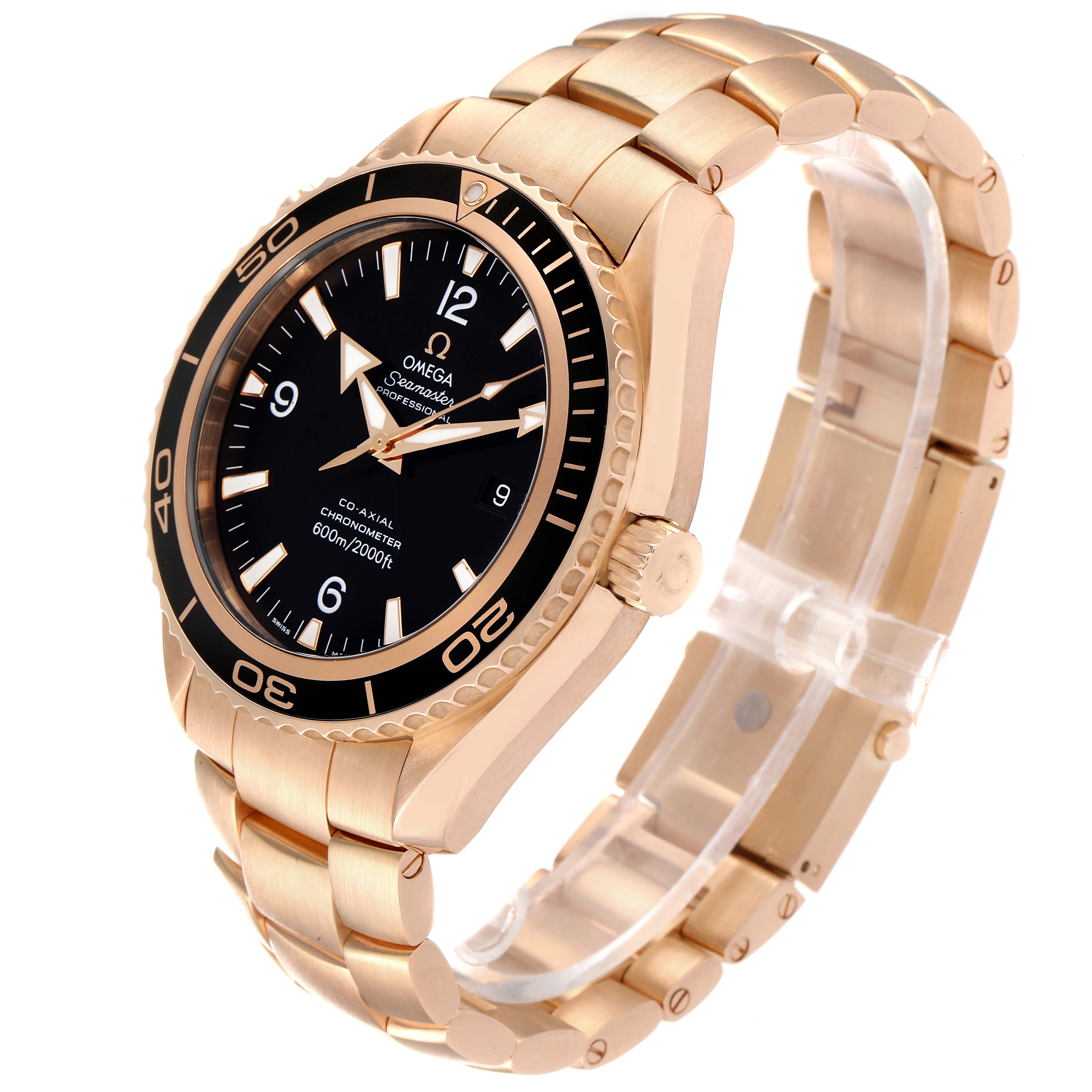 The Omega Planet Ocean 222.60.46.20.01.001 Men's Rose Gold Black Dial 222.60.46.20.01.001 Men's Rose Gold Black Dial watch is shown at a three-quarter angle, highlighting its face, bezel, crown, and bracelet.