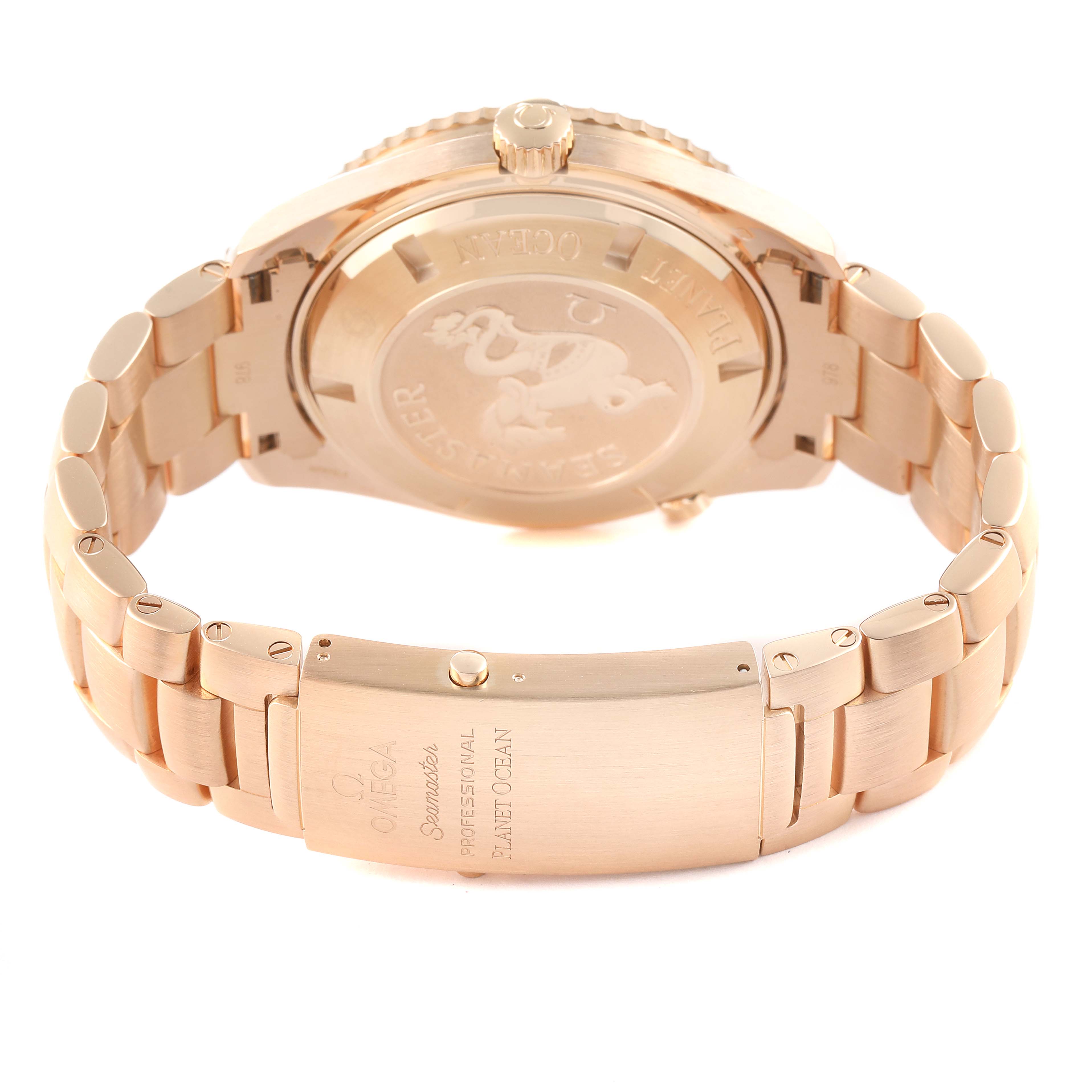 The image shows the back case and bracelet of an Omega Planet Ocean 222.60.46.20.01.001 Men's Rose Gold Black Dial 222.60.46.20.01.001 Men's Rose Gold Black Dial watch from a rear angle.