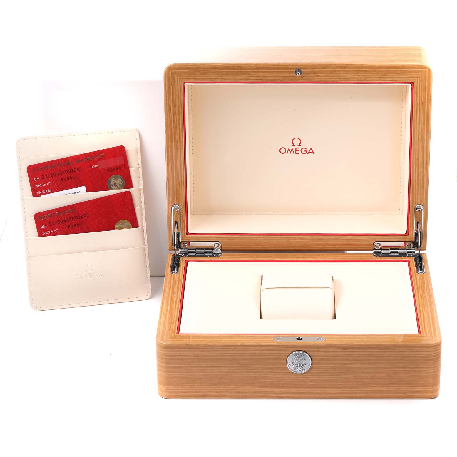 The image shows the Omega Planet Ocean 222.60.46.20.01.001 Men's Rose Gold Black Dial 222.60.46.20.01.001 Men's Rose Gold Black Dial watch box and cardholder, opened to display the interior compartments and cards.