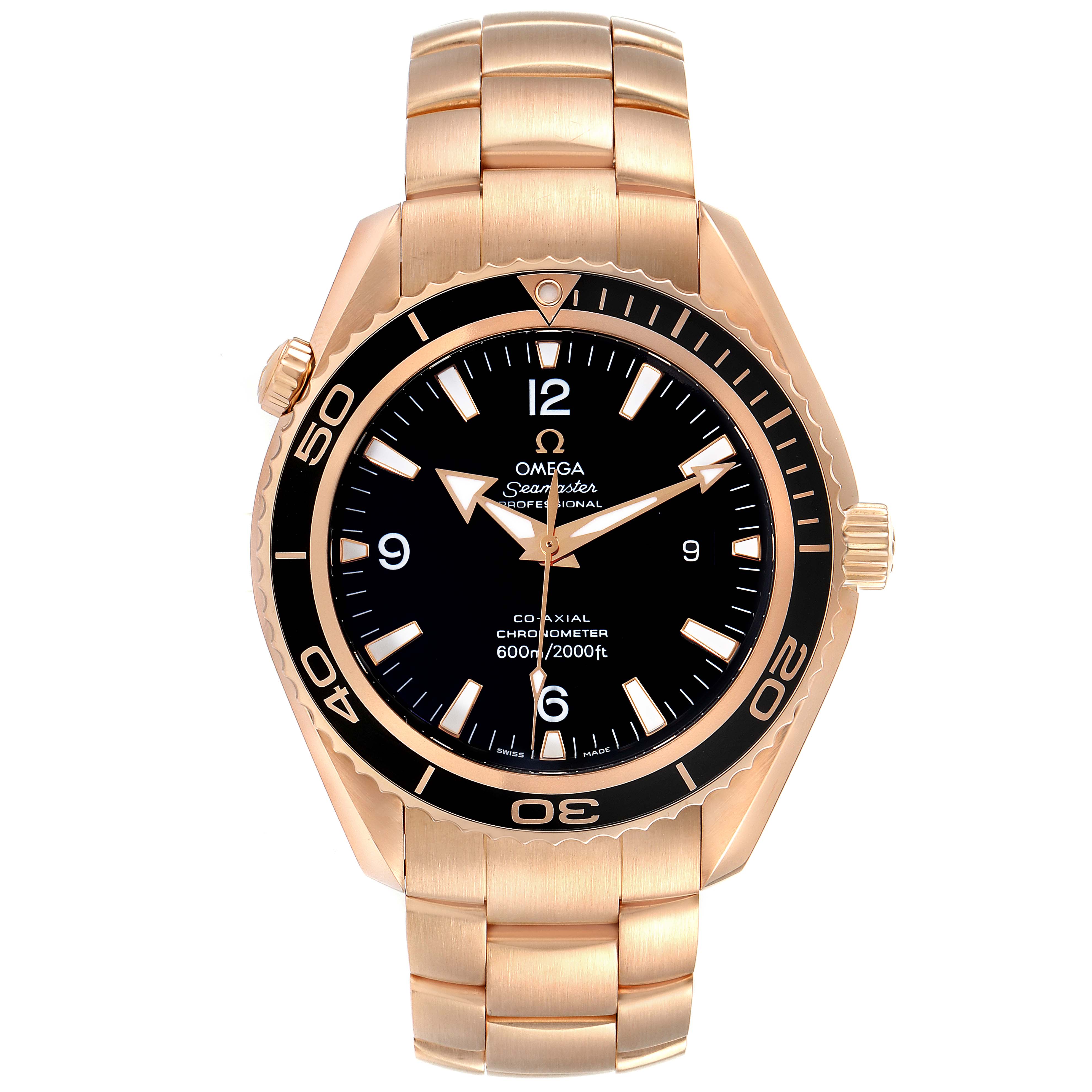 The image shows a front view of the Omega Planet Ocean 222.60.46.20.01.001 Men's Rose Gold Black Dial 222.60.46.20.01.001 Men's Rose Gold Black Dial watch, highlighting its face, bezel, and bracelet.