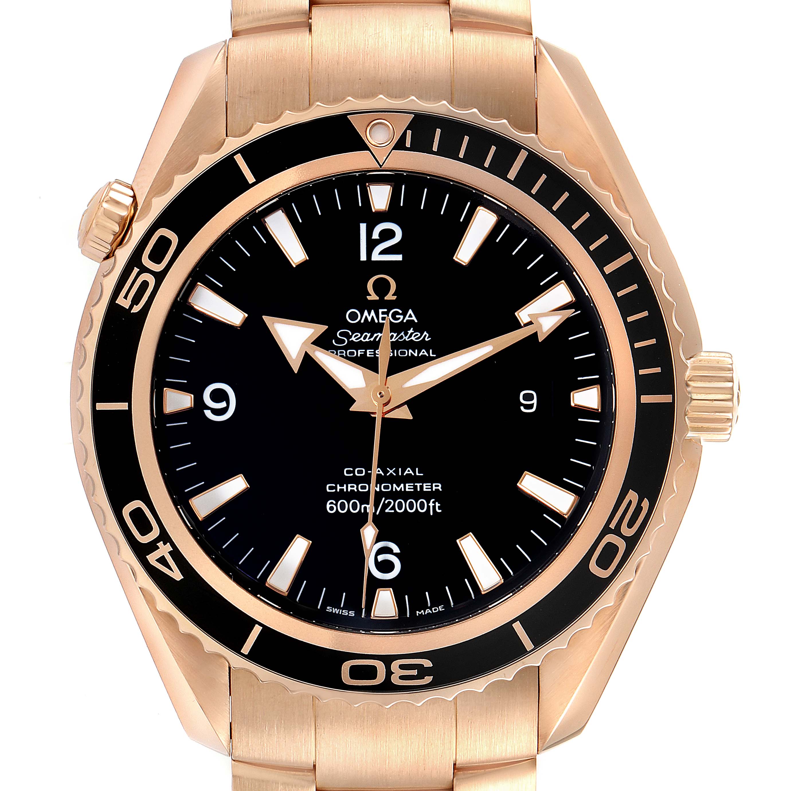 This image shows a front view of the Omega Planet Ocean 222.60.46.20.01.001 Men's Rose Gold Black Dial 222.60.46.20.01.001 Men's Rose Gold Black Dial model watch, focusing on its dial and bezel.