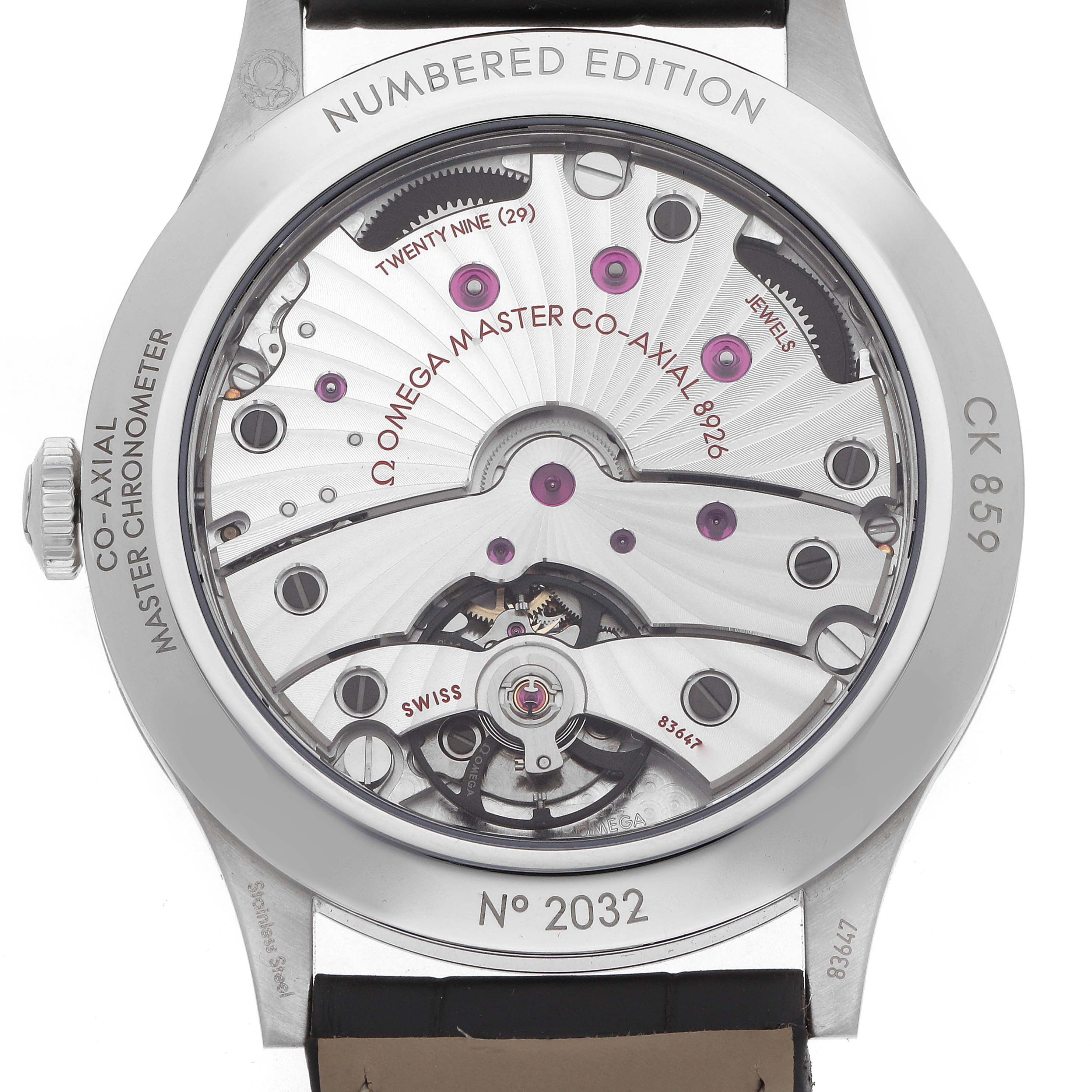 The Omega Museum 511.12.39.21.99.002 Men
s Stainless Steel Grey Dial model is shown from the back, highlighting the movement and numbered edition details.