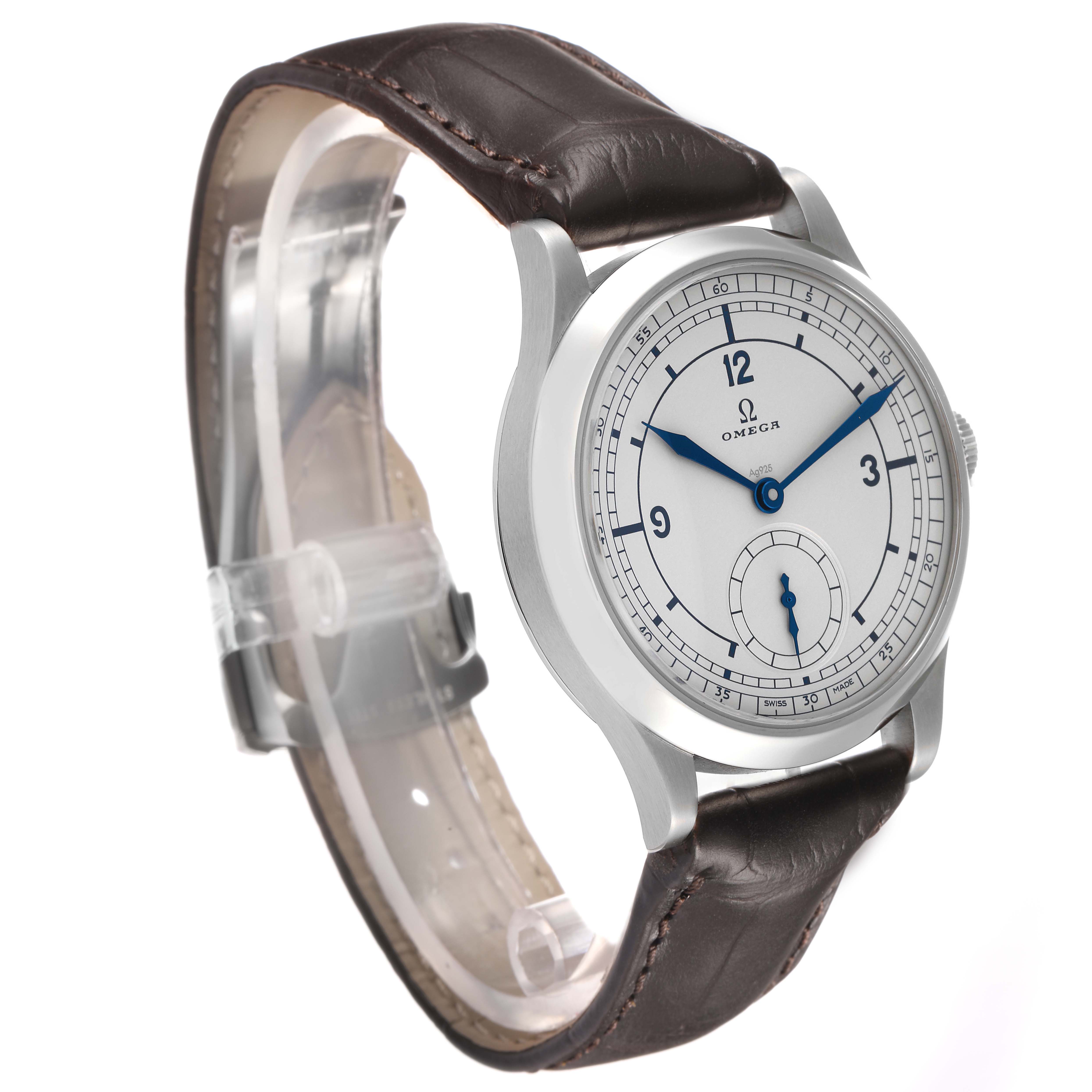 The Omega Museum 511.12.39.21.99.002 Men
s Stainless Steel Grey Dial watch is shown at an angled front view, highlighting its face, case, blue hands, and brown leather strap.