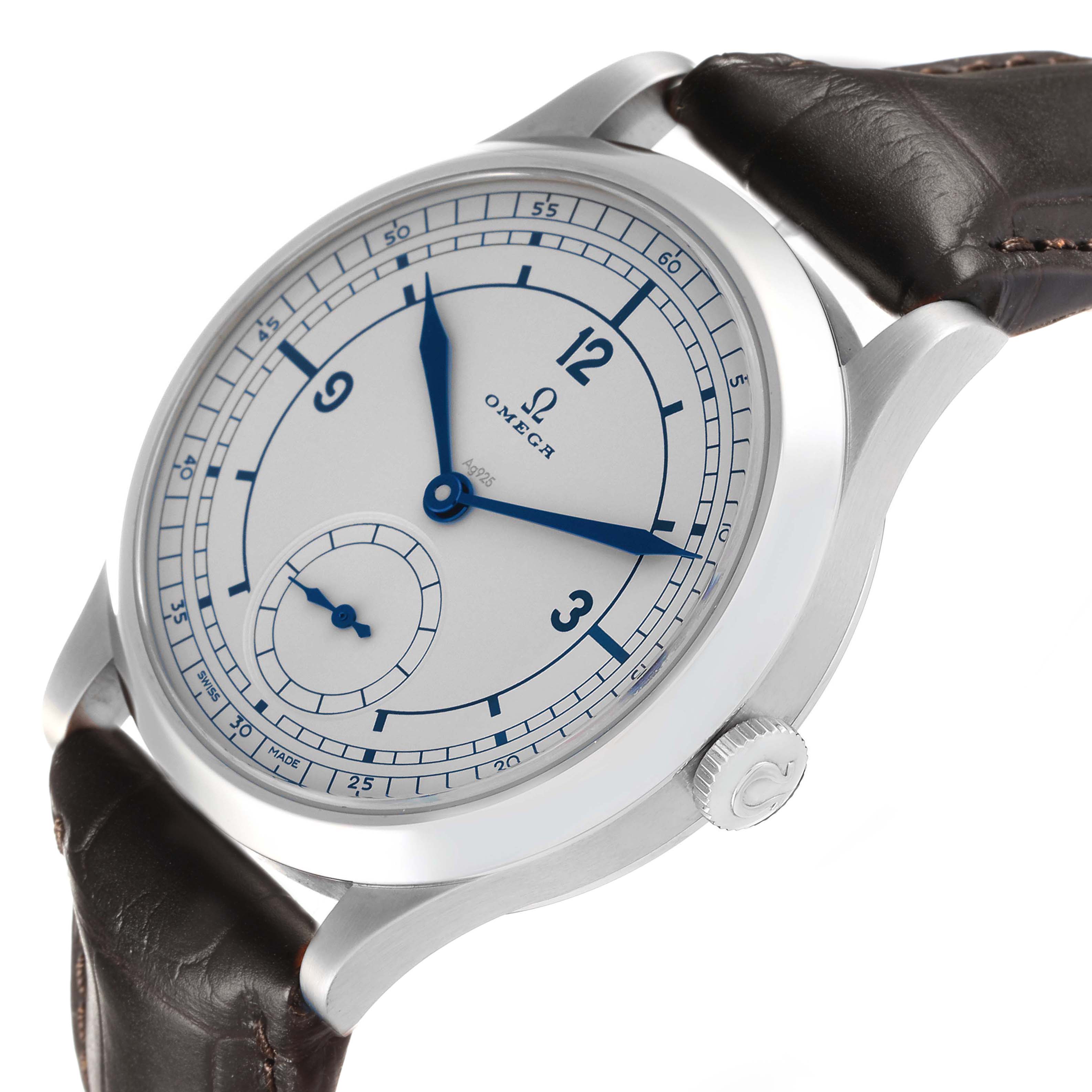 The Museum model by Omega is shown from a slight side angle, highlighting the dial, crown, and leather strap connection.