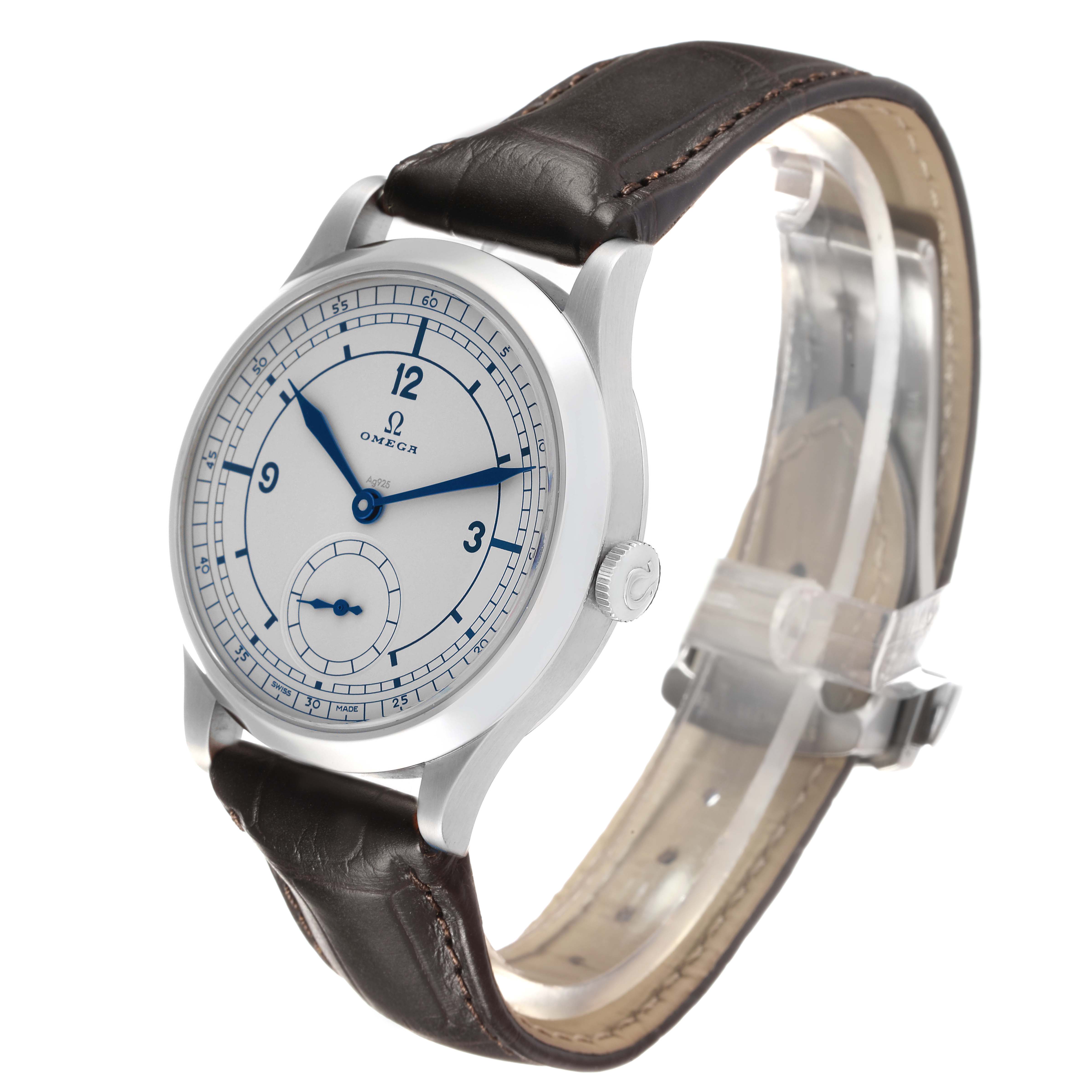 The Omega Museum 511.12.39.21.99.002 Men
s Stainless Steel Grey Dial watch is shown at a three-quarter angle, highlighting the dial, case, crown, and leather strap.