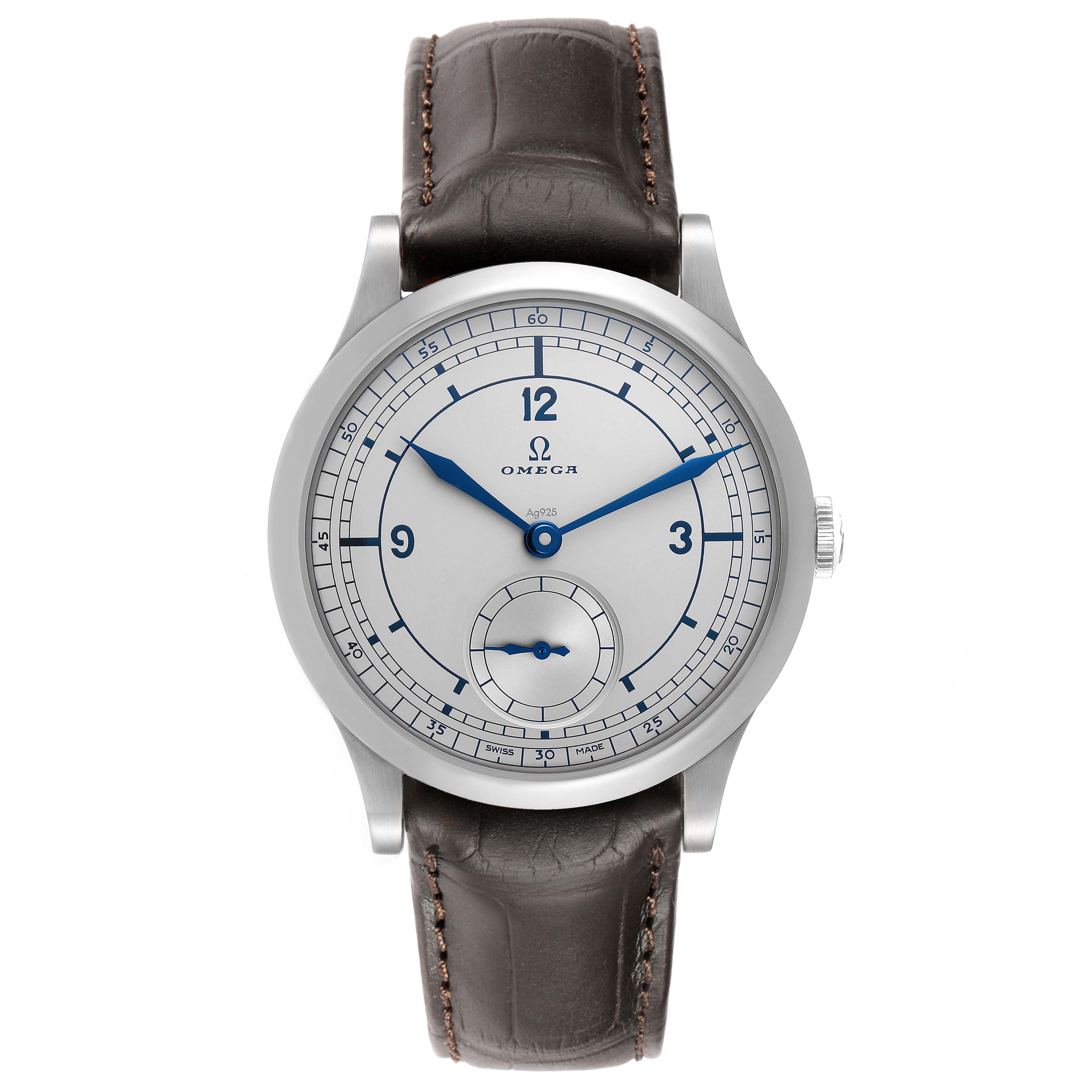 The Omega Museum 511.12.39.21.99.002 Men
s Stainless Steel Grey Dial model watch is shown from a front view, displaying the dial, blue hands, and leather strap.