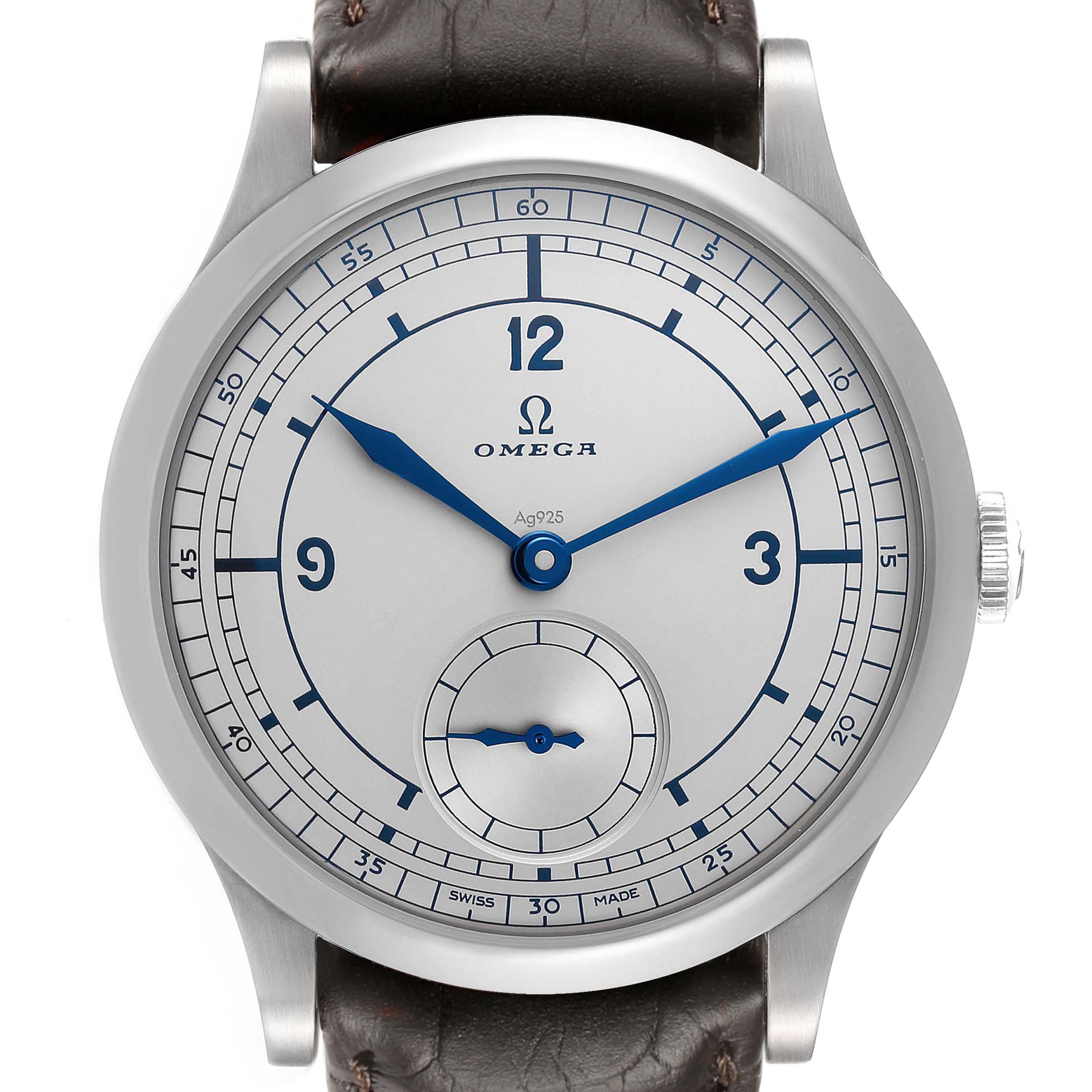 The Omega Museum 511.12.39.21.99.002 Men
s Stainless Steel Grey Dial model watch is shown from a front angle, highlighting its dial, hands, and brown leather strap.