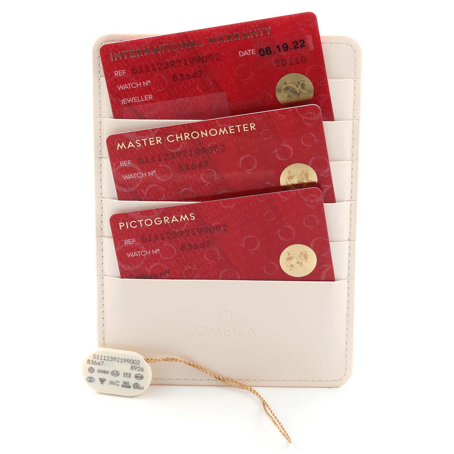 The image shows cards and a tag related to the Omega Museum 511.12.39.21.99.002 Men
s Stainless Steel Grey Dial model, viewed from the front in a cardholder.