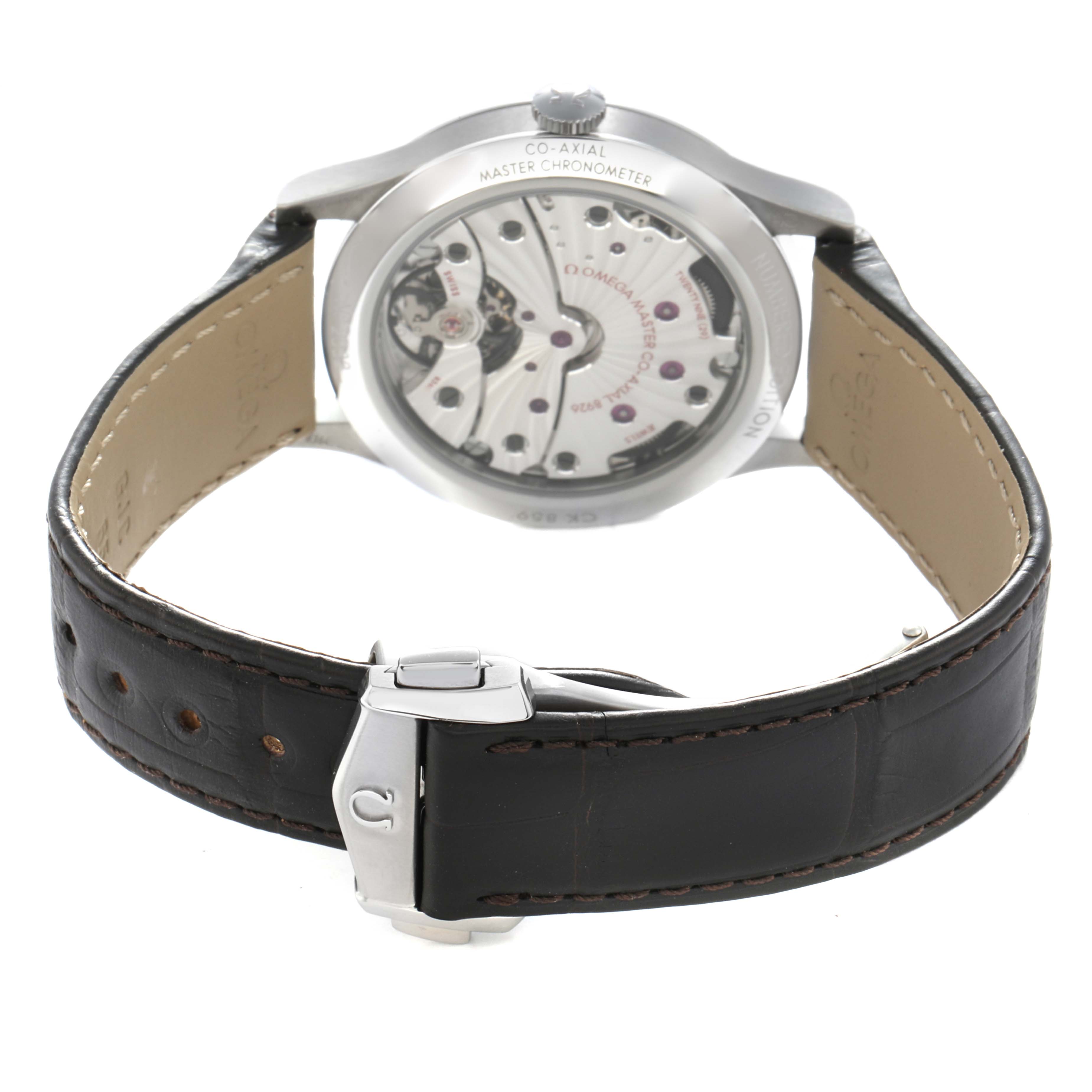 The Omega Museum 511.12.39.21.99.002 Men
s Stainless Steel Grey Dial watch is shown from the back, displaying the movement and clasp on the leather strap.