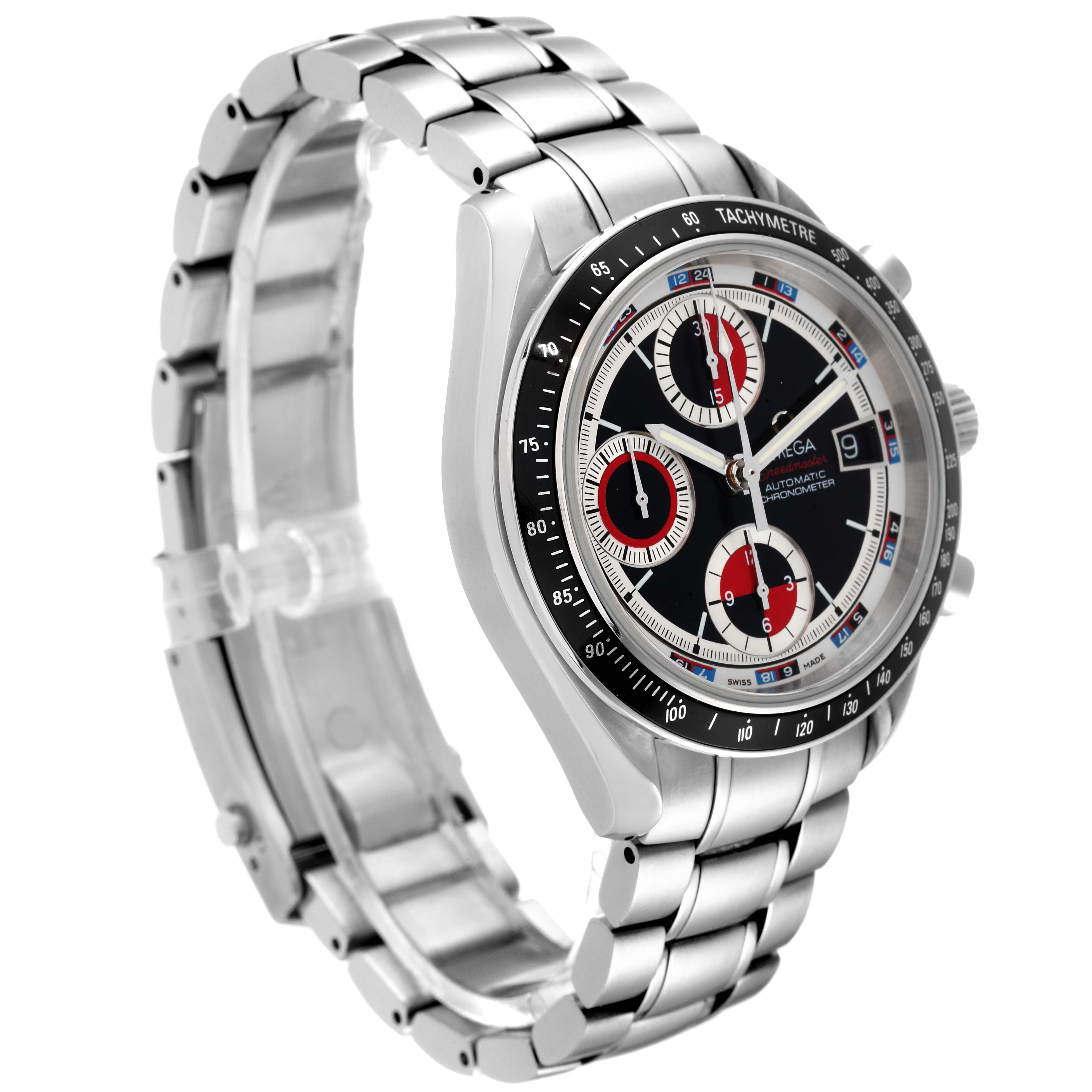 The Omega Speedmaster 3210.52.00 Men's Stainless Steel Black Dial 3210.52.00 Men's Stainless Steel Black Dial watch is shown from a 3/4 angle, highlighting the face, tachymeter, and stainless steel bracelet.