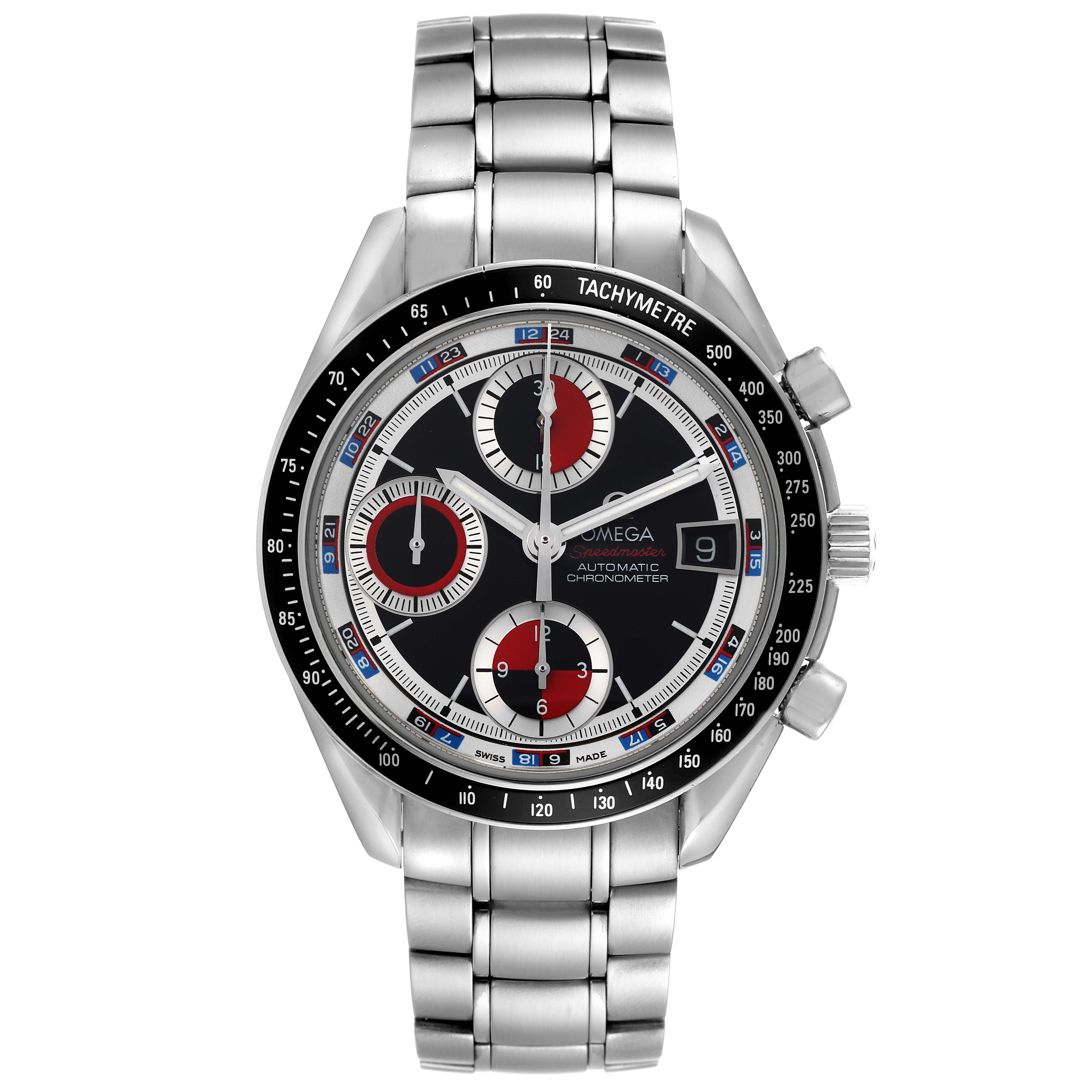 The image shows a front view of the Omega Speedmaster 3210.52.00 Men's Stainless Steel Black Dial 3210.52.00 Men's Stainless Steel Black Dial watch, highlighting the face, bezel, and stainless steel bracelet.