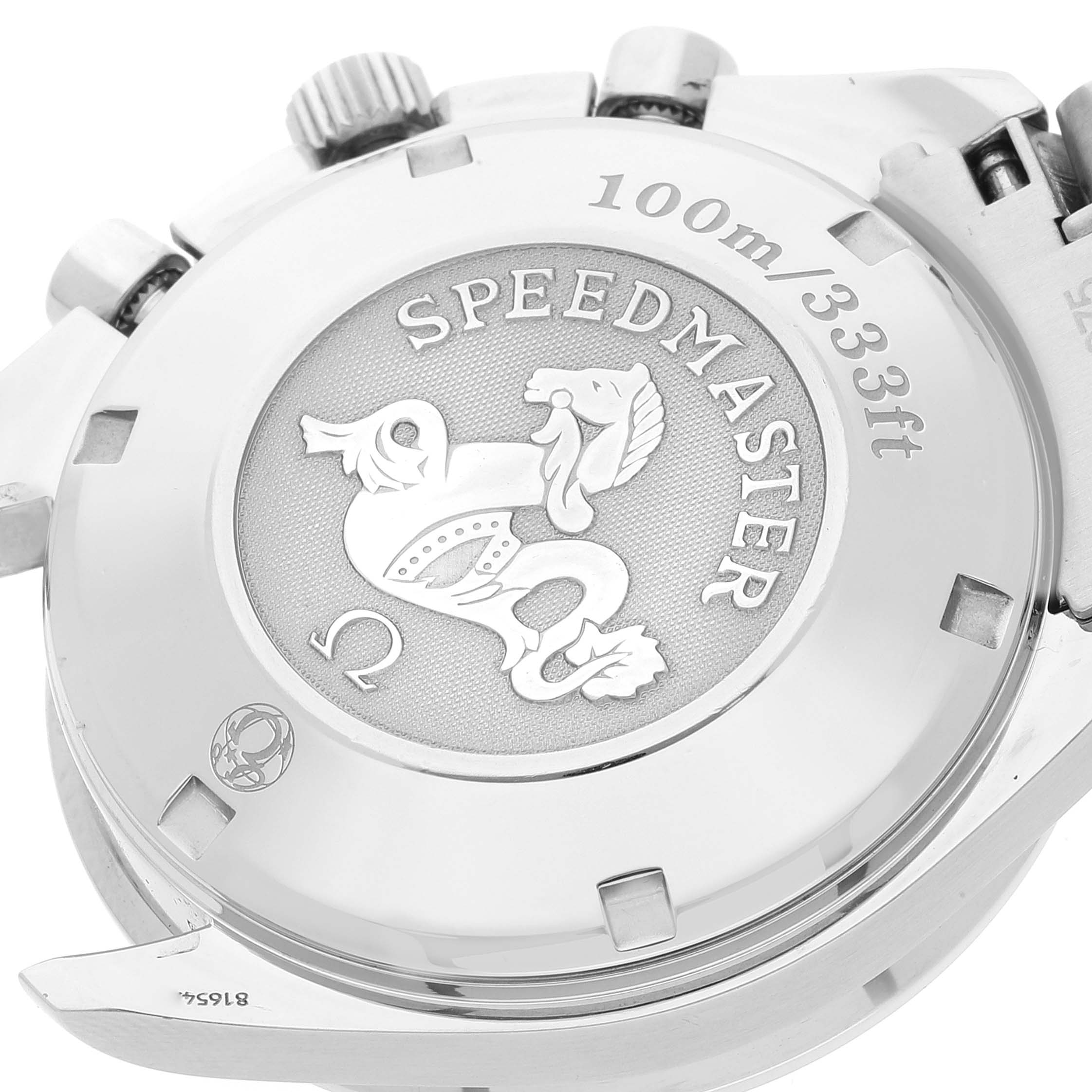 This image shows the back case of the Omega Speedmaster 3210.52.00 Men's Stainless Steel Black Dial 3210.52.00 Men's Stainless Steel Black Dial watch, highlighting the brand logo and water resistance details.