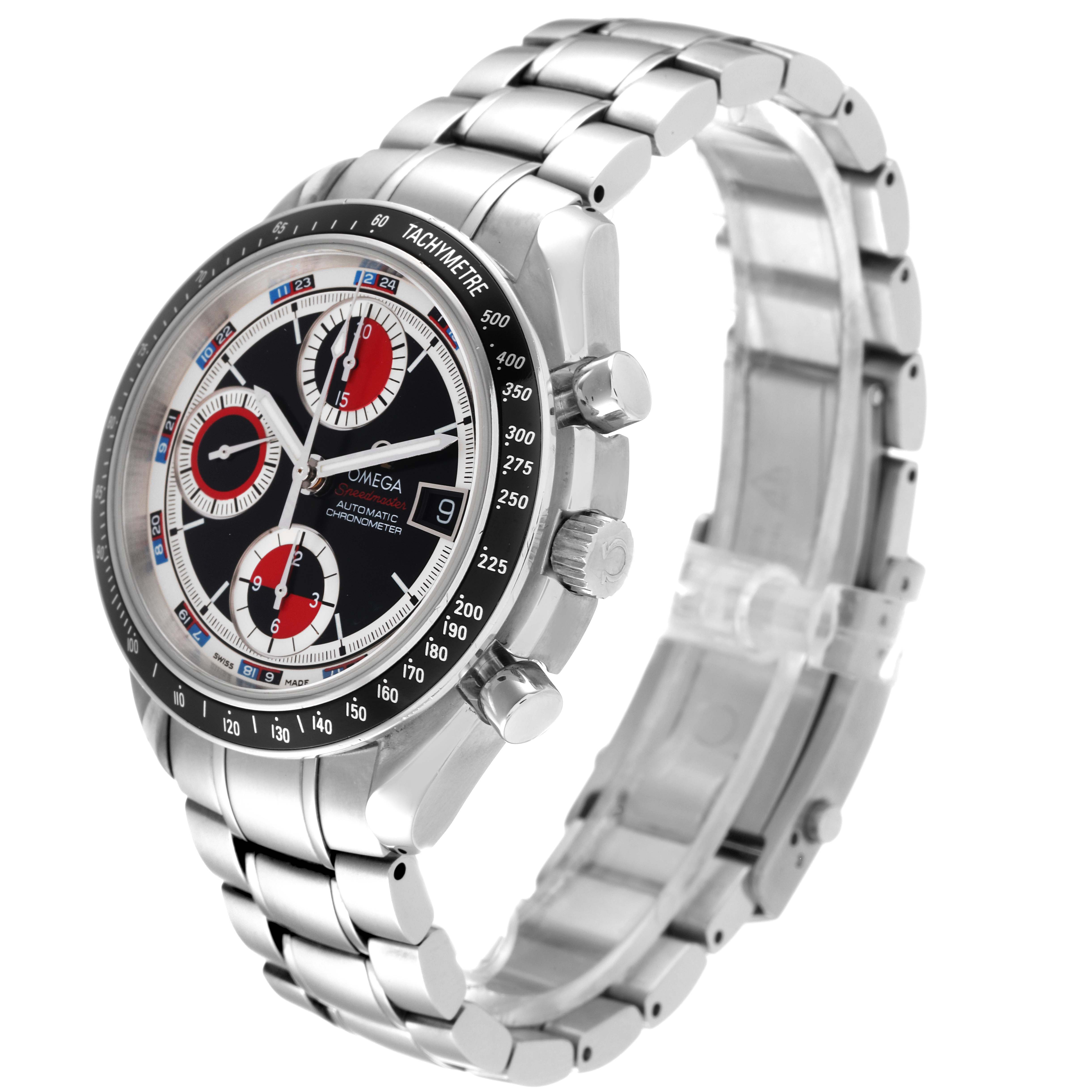 The Omega Speedmaster 3210.52.00 Men's Stainless Steel Black Dial 3210.52.00 Men's Stainless Steel Black Dial watch is shown from a three-quarter angle, highlighting its dial, bezel, and stainless steel bracelet.