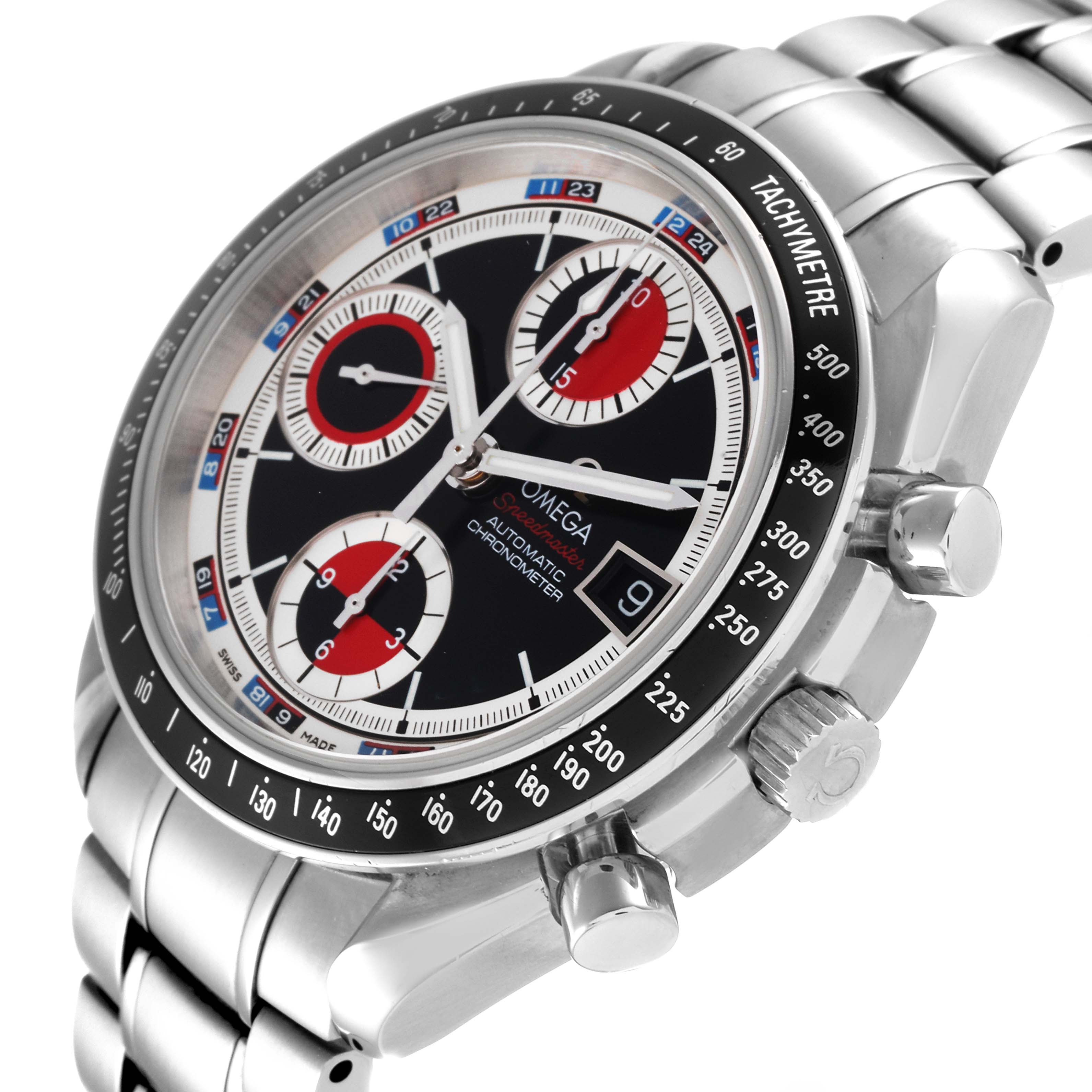 The image features an Omega Speedmaster 3210.52.00 Men's Stainless Steel Black Dial 3210.52.00 Men's Stainless Steel Black Dial watch shown at an angle highlighting its face, bezel, and stainless steel bracelet.