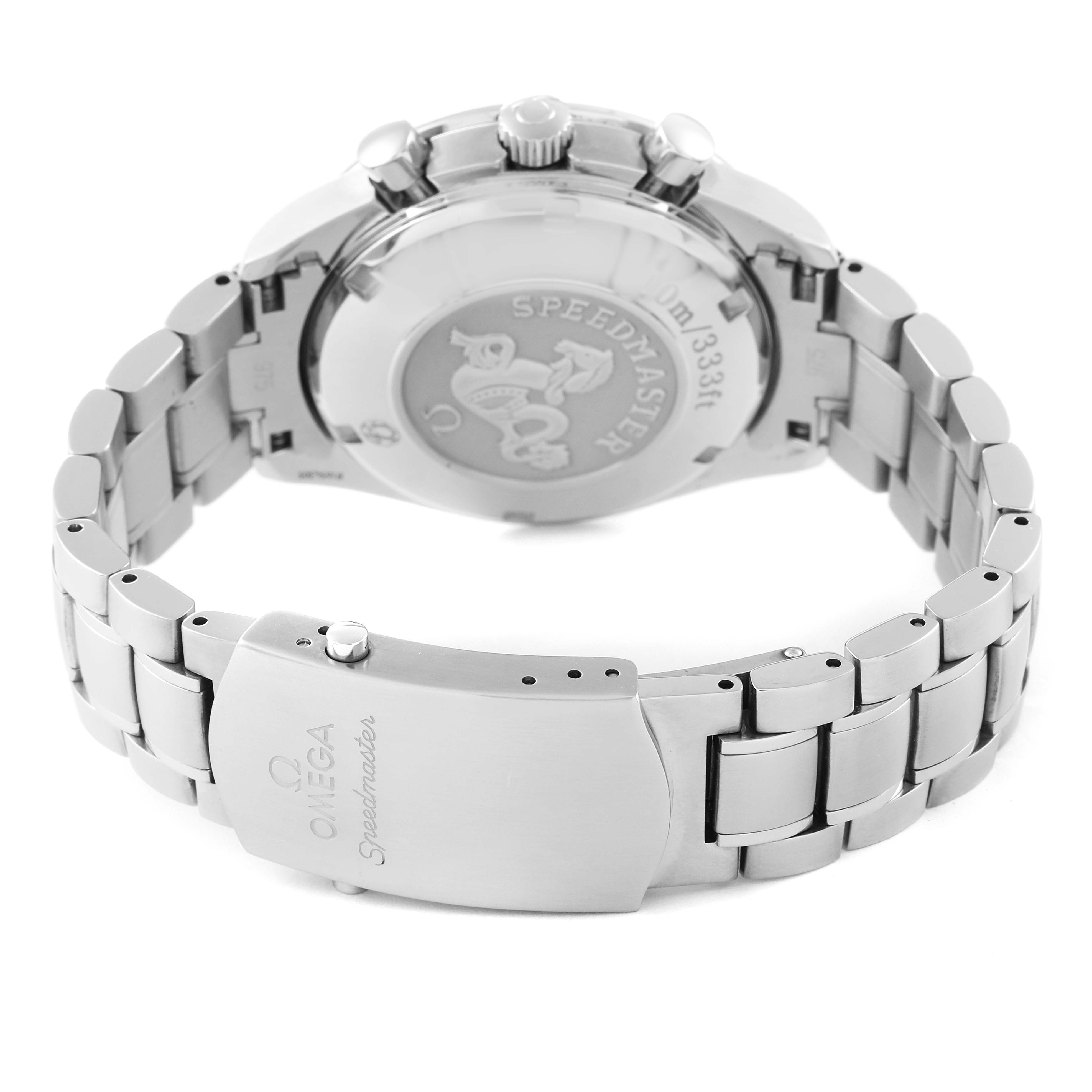 The image shows the back and the clasp of an Omega Speedmaster 3210.52.00 Men's Stainless Steel Black Dial 3210.52.00 Men's Stainless Steel Black Dial watch, highlighting the engraved case back and metal bracelet.