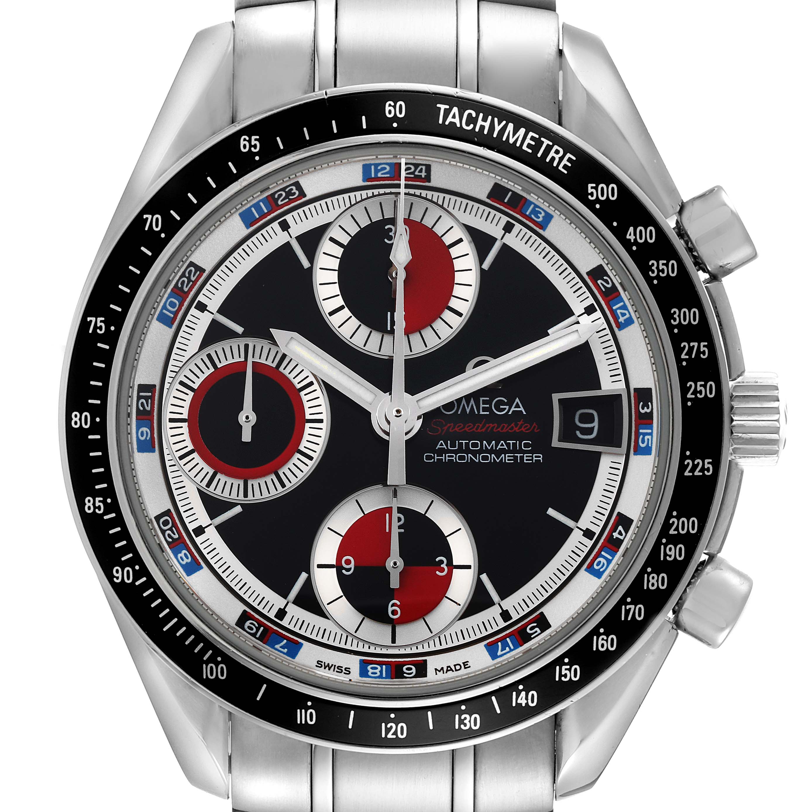 Front view of the Omega Speedmaster 3210.52.00 Men's Stainless Steel Black Dial 3210.52.00 Men's Stainless Steel Black Dial watch displaying its dial, subdials, tachymeter bezel, and part of the bracelet.