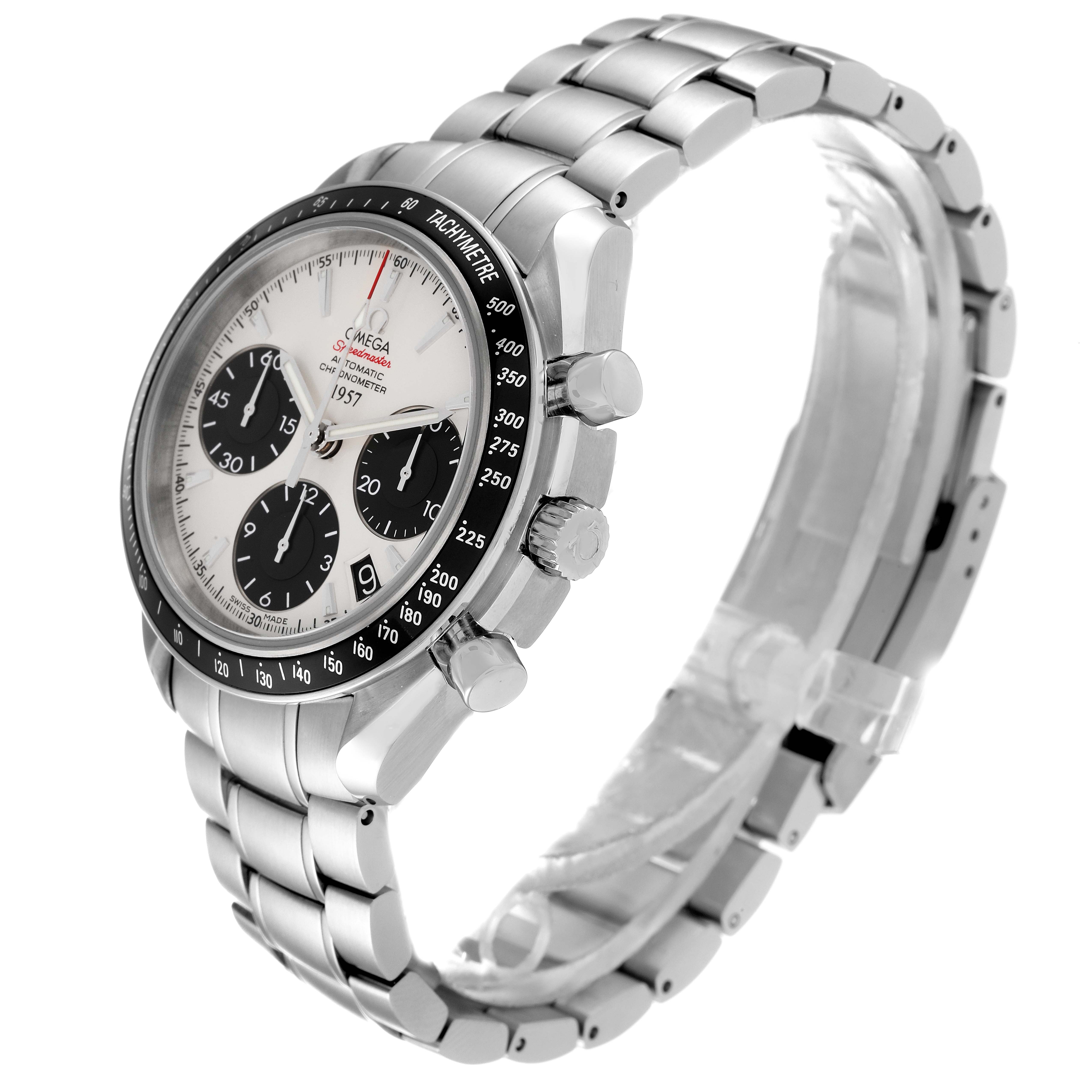The Omega Speedmaster 323.30.40.40.02.001 Men's Stainless Steel White Dial 323.30.40.40.02.001 Men's Stainless Steel White Dial watch is shown at a three-quarter angle displaying the dial, bezel, crown, and stainless steel bracelet.