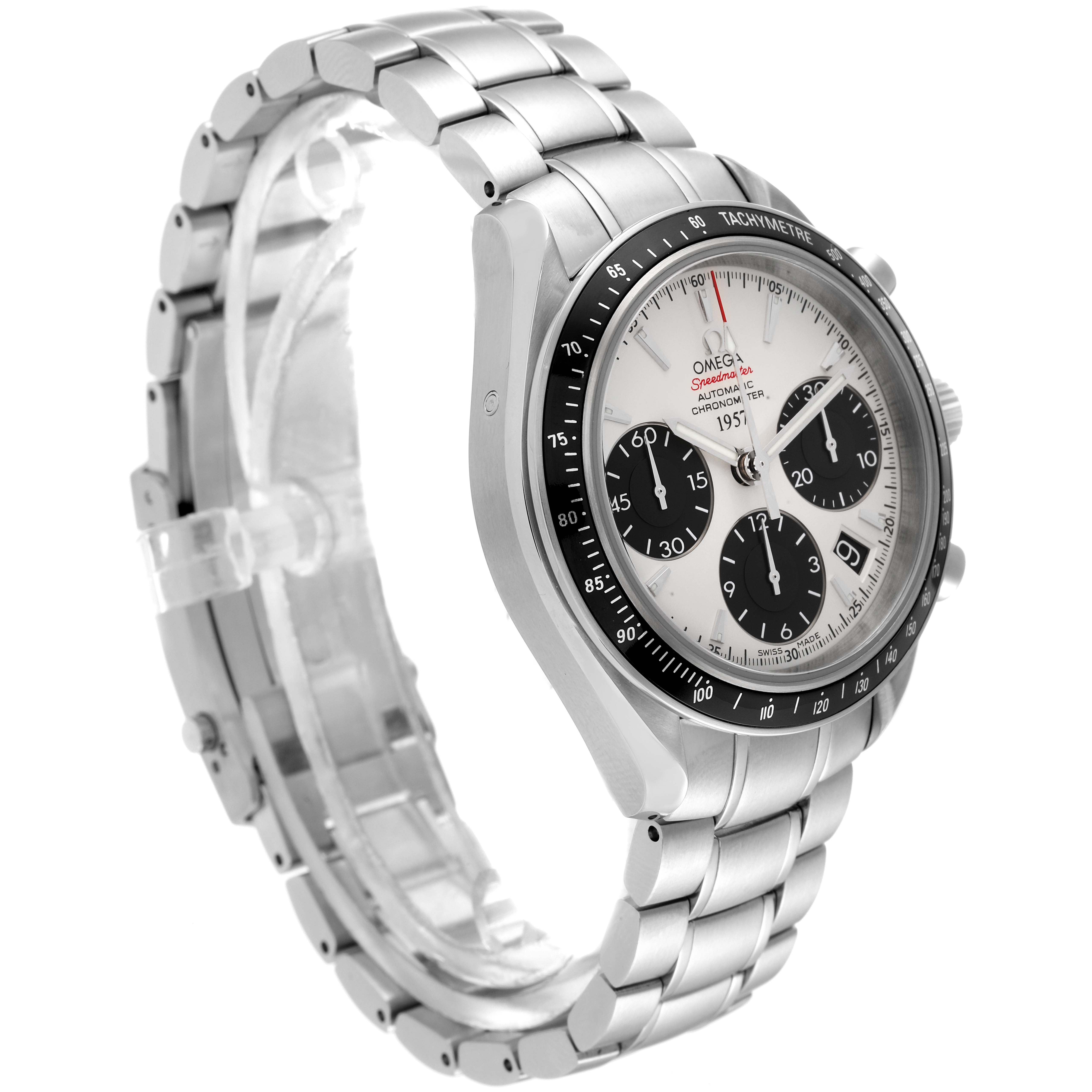 The Omega Speedmaster 323.30.40.40.02.001 Men's Stainless Steel White Dial 323.30.40.40.02.001 Men's Stainless Steel White Dial watch is shown at a slight angle highlighting the face, bezel, and stainless steel bracelet.