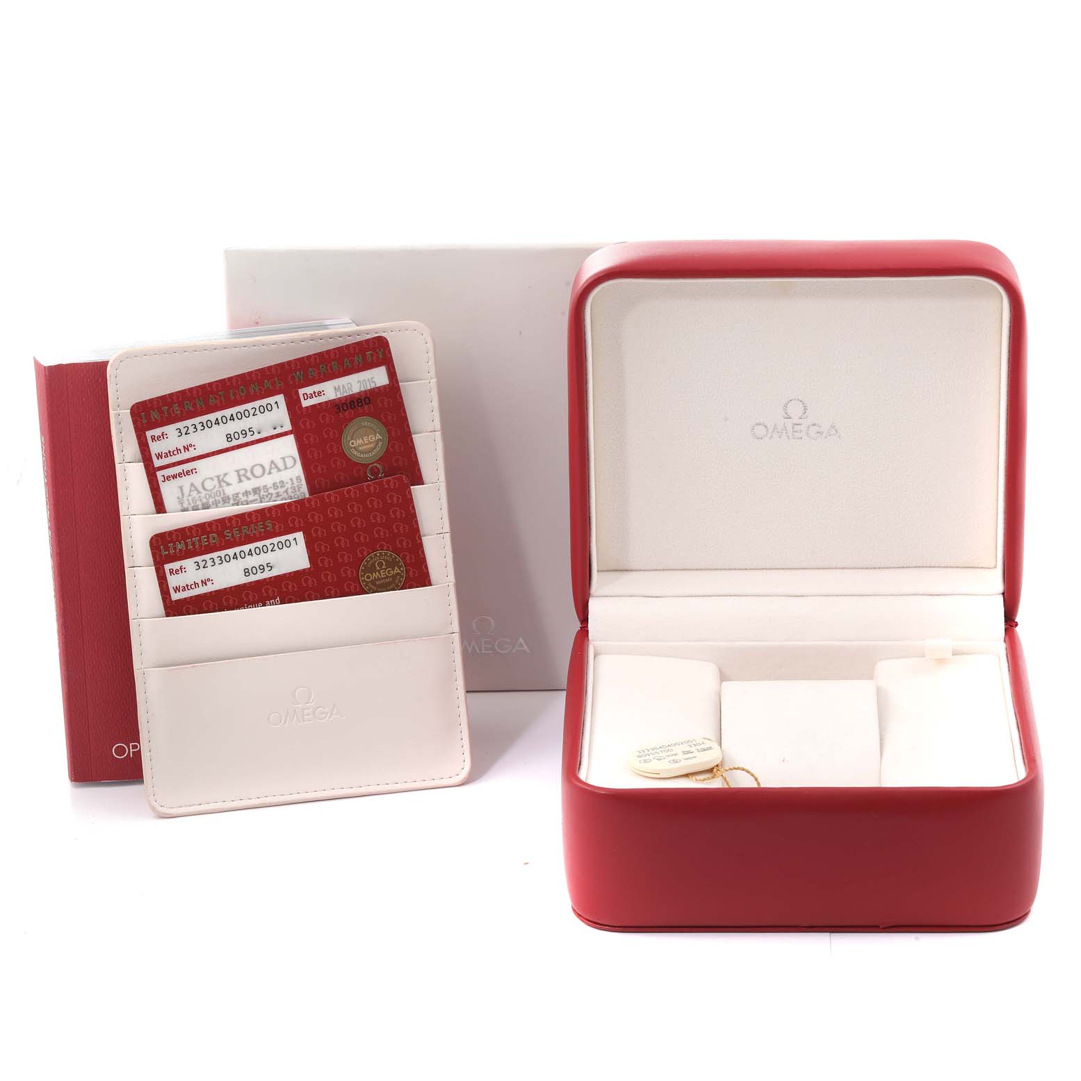 The image shows packaging and accessories for an Omega Speedmaster 323.30.40.40.02.001 Men's Stainless Steel White Dial 323.30.40.40.02.001 Men's Stainless Steel White Dial, including a red box, manual, and warranty cards.