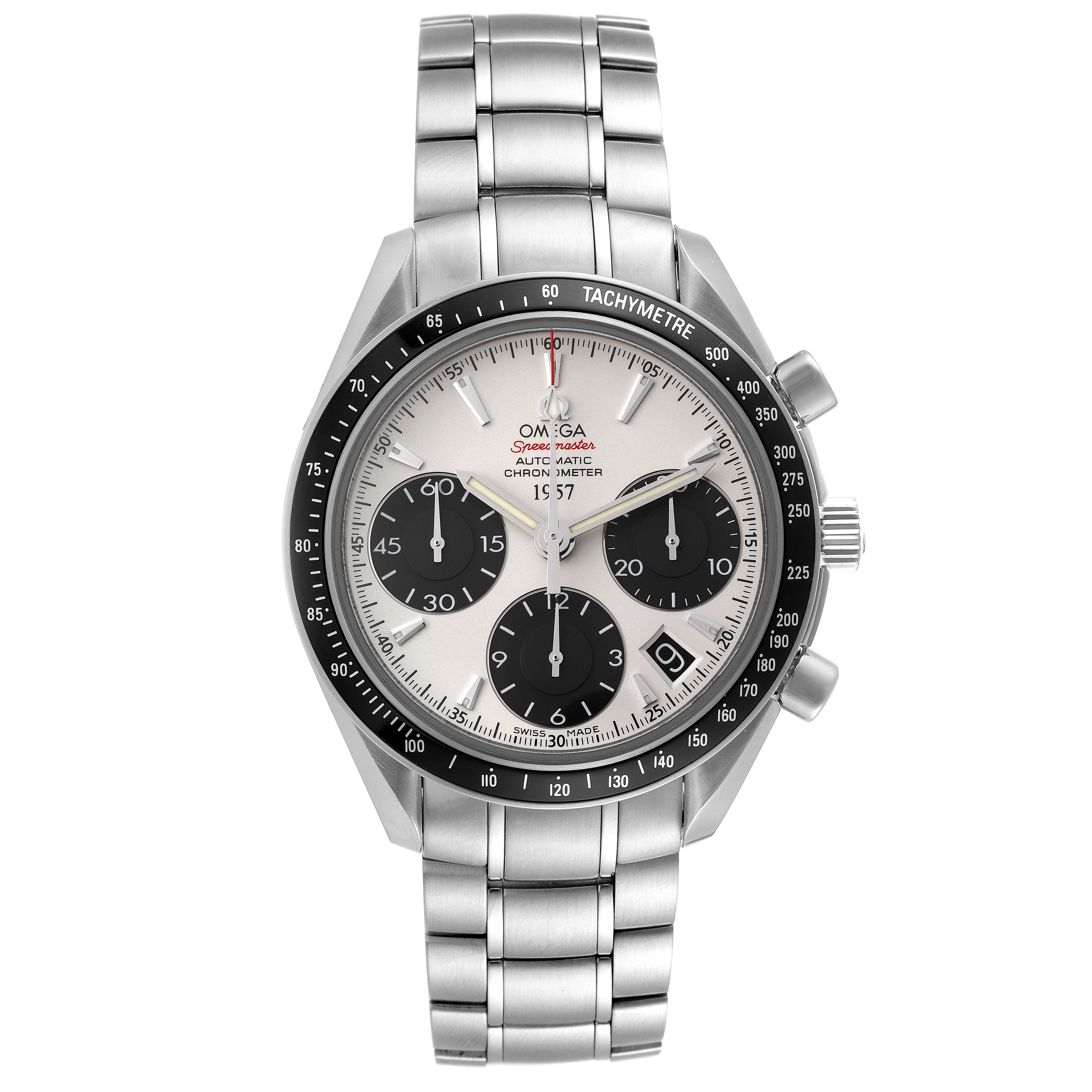The image shows a front view of the Omega Speedmaster 323.30.40.40.02.001 Men's Stainless Steel White Dial 323.30.40.40.02.001 Men's Stainless Steel White Dial watch, featuring its dial, bezel, pushers, and stainless steel bracelet.