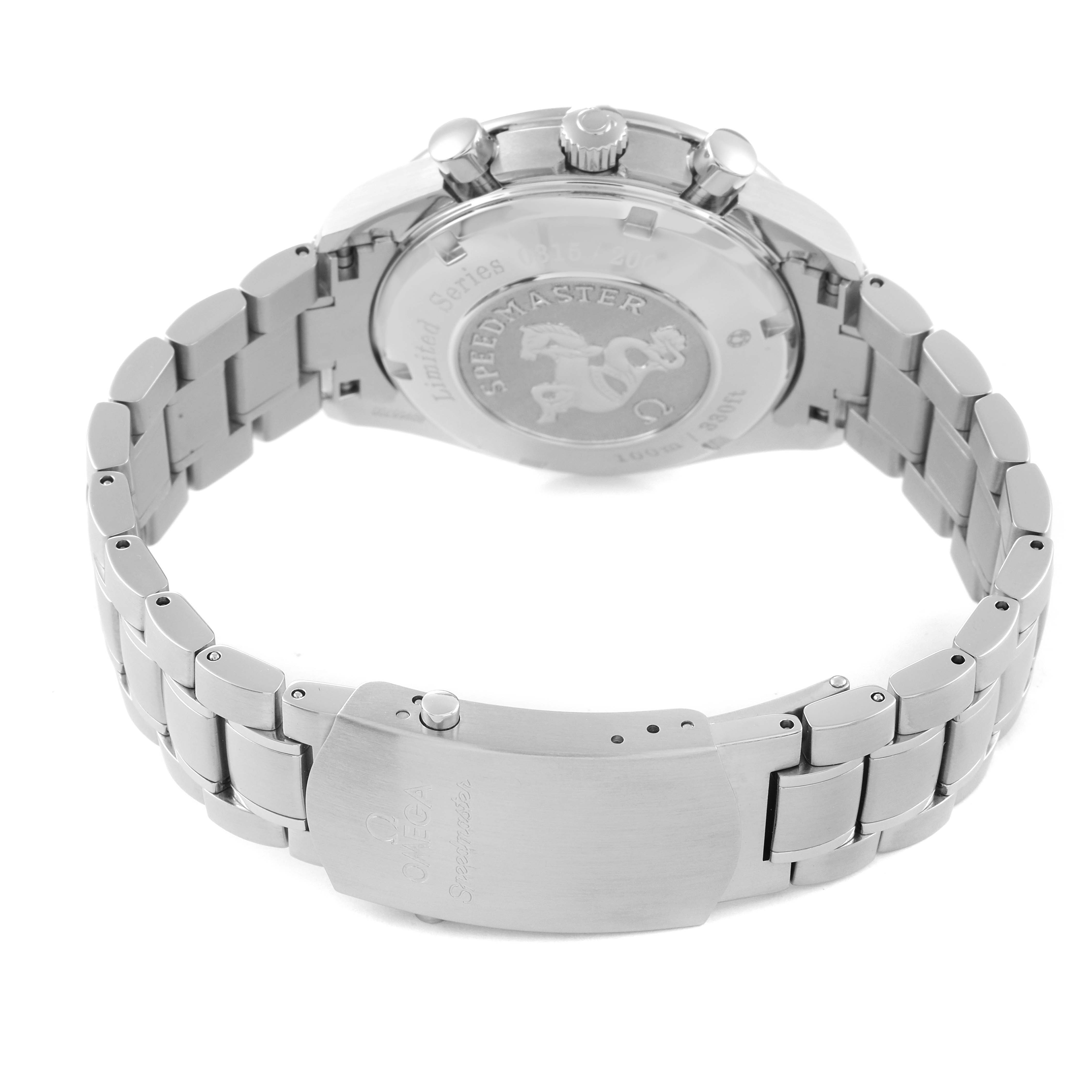 The image shows the back of the Omega Speedmaster 323.30.40.40.02.001 Men's Stainless Steel White Dial 323.30.40.40.02.001 Men's Stainless Steel White Dial watch and its metal bracelet, including the clasp and case back.