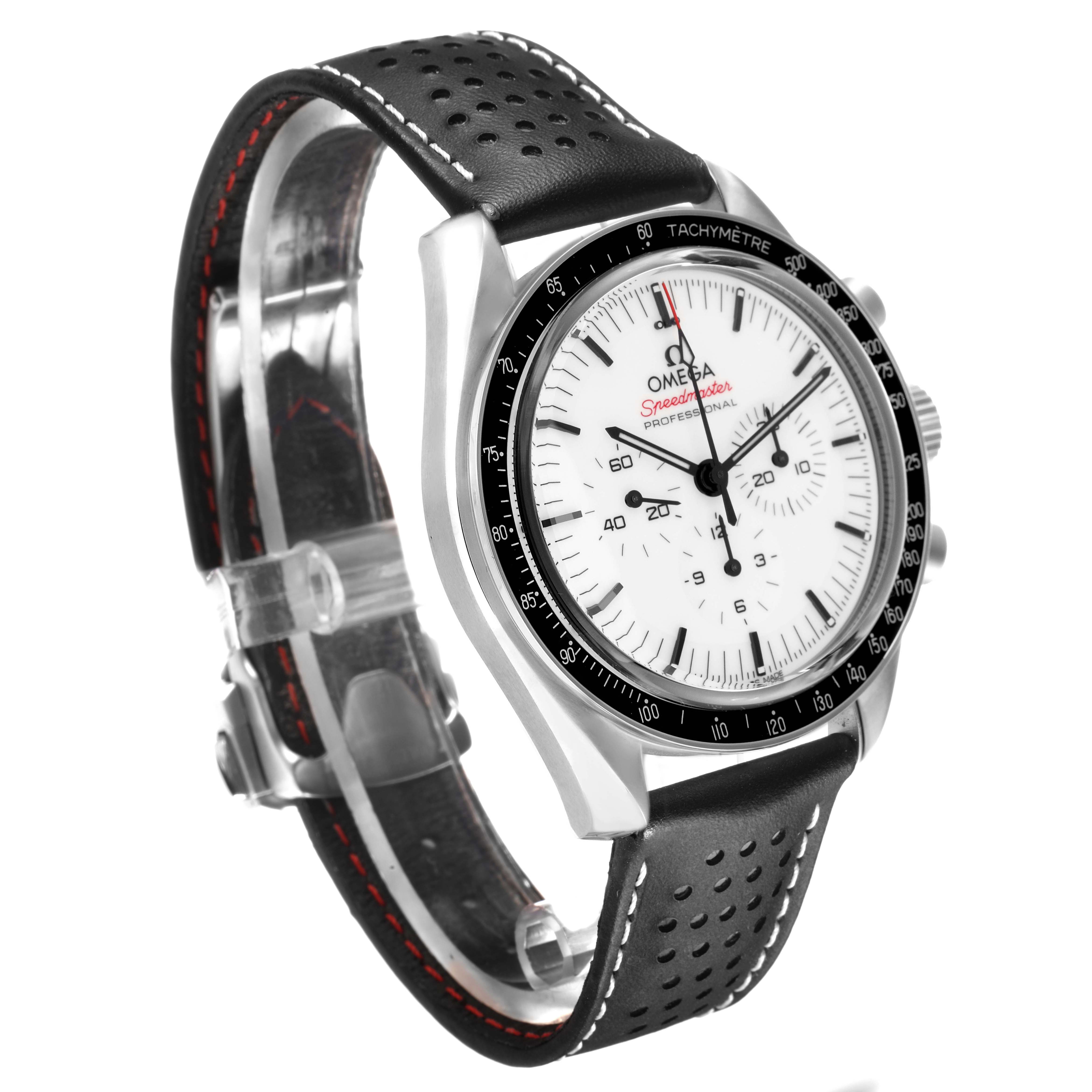 The Omega Speedmaster 310.32.42.50.04.002 Men
s Stainless Steel White Dial watch is shown at a slight angle, highlighting the face, bezel, and black leather strap with red stitching.
