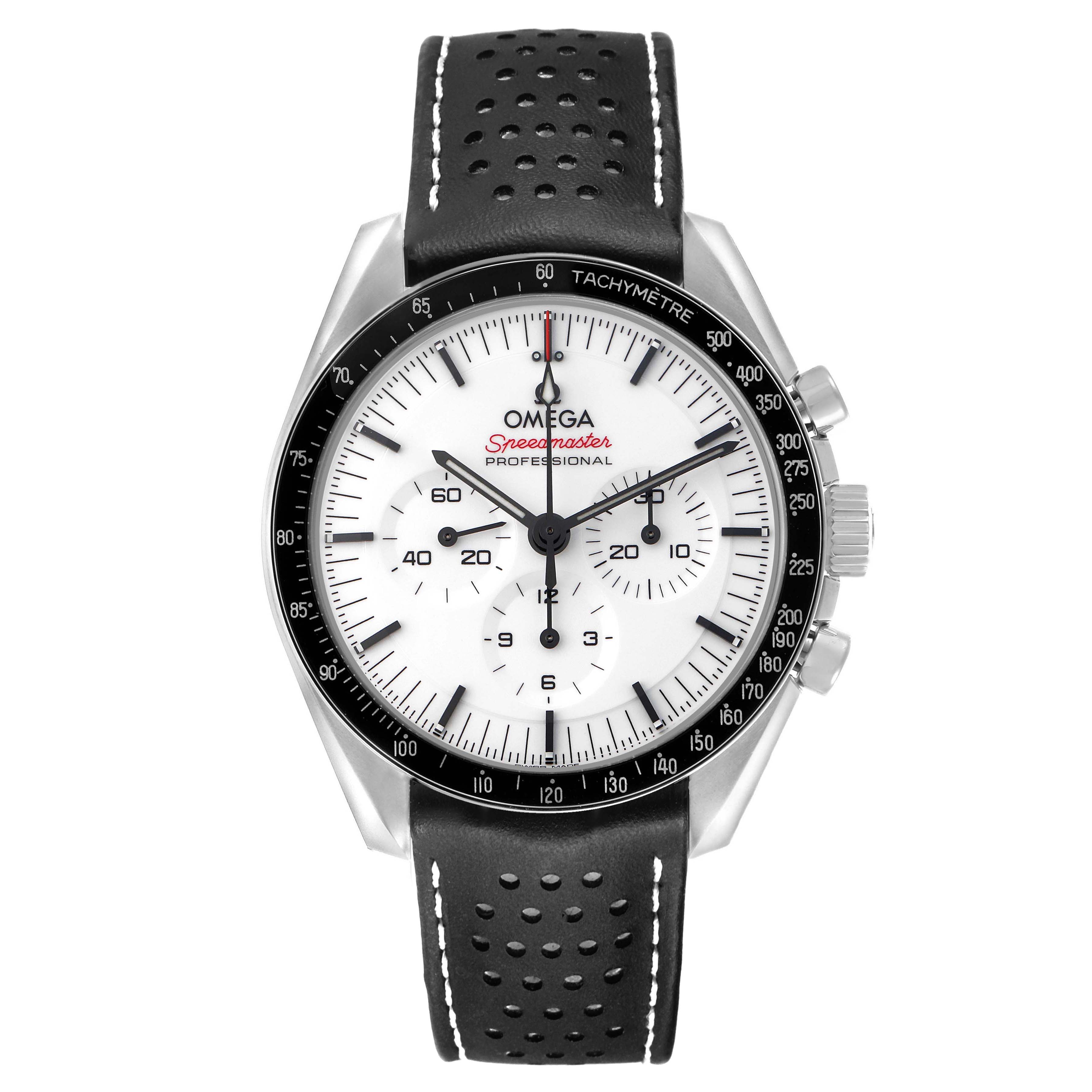 The Omega Speedmaster 310.32.42.50.04.002 Men
s Stainless Steel White Dial watch is shown from the front, highlighting the dial, tachymeter bezel, and pushers.