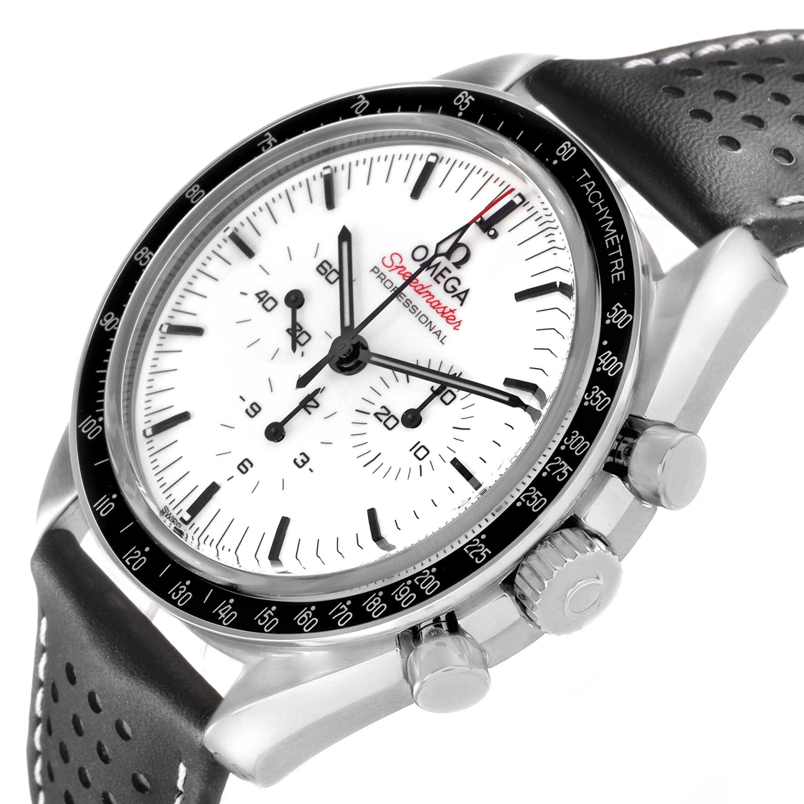 The Omega Speedmaster 310.32.42.50.04.002 Men
s Stainless Steel White Dial watch is shown at an angle highlighting the face, side buttons, crown, and part of the leather strap.