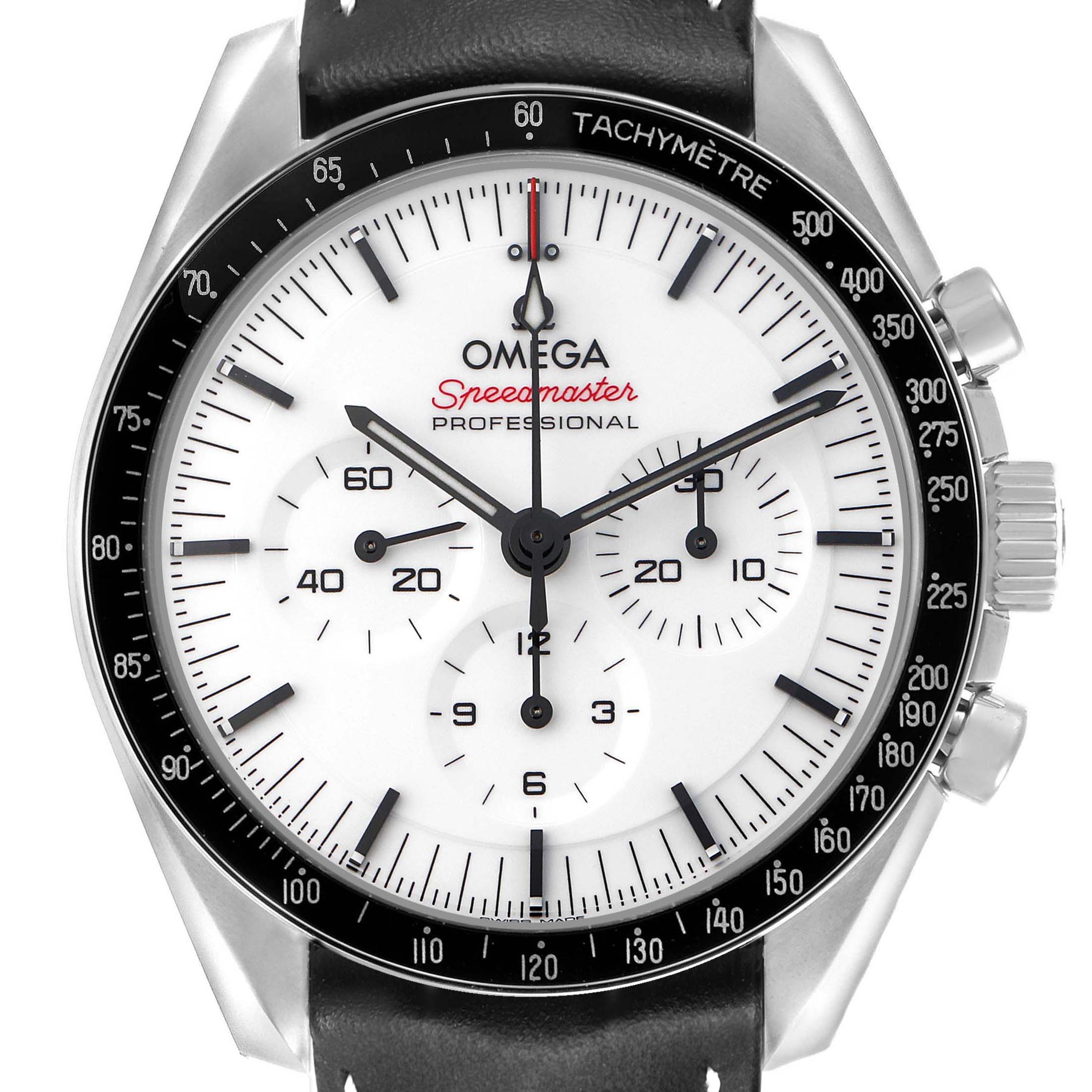 The Omega Speedmaster 310.32.42.50.04.002 Men
s Stainless Steel White Dial watch is shown from the front, displaying the face, tachymeter bezel, and pushers on the side.