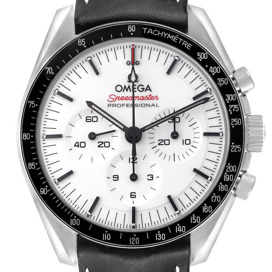 The Omega Speedmaster 310.32.42.50.04.002 Men's Stainless Steel White Dial watch is shown from the front, displaying the face, tachymeter bezel, and pushers on the side.