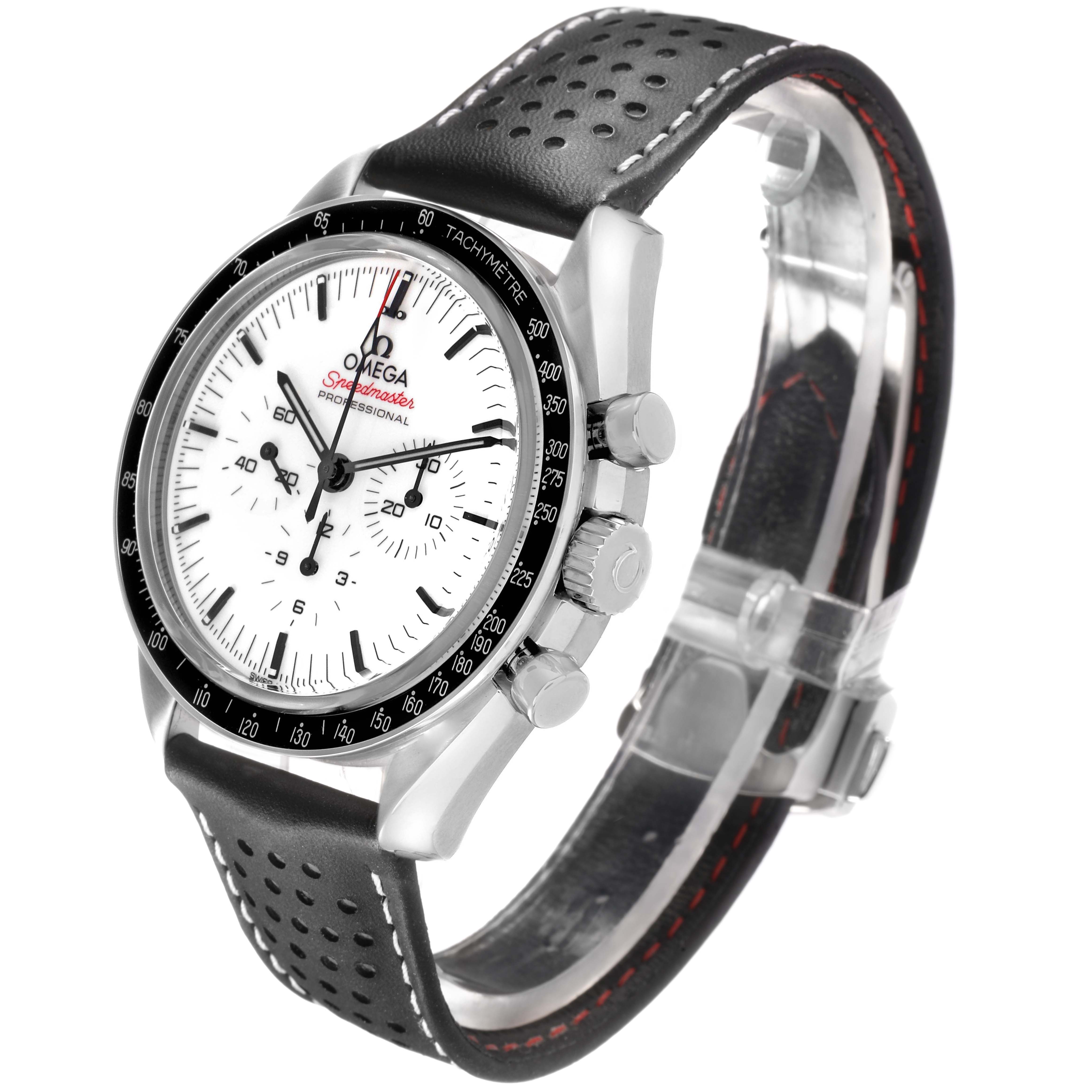 The Omega Speedmaster 310.32.42.50.04.002 Men
s Stainless Steel White Dial watch is shown at a 3/4 angle, displaying its face, bezel, pushers, and perforated strap.