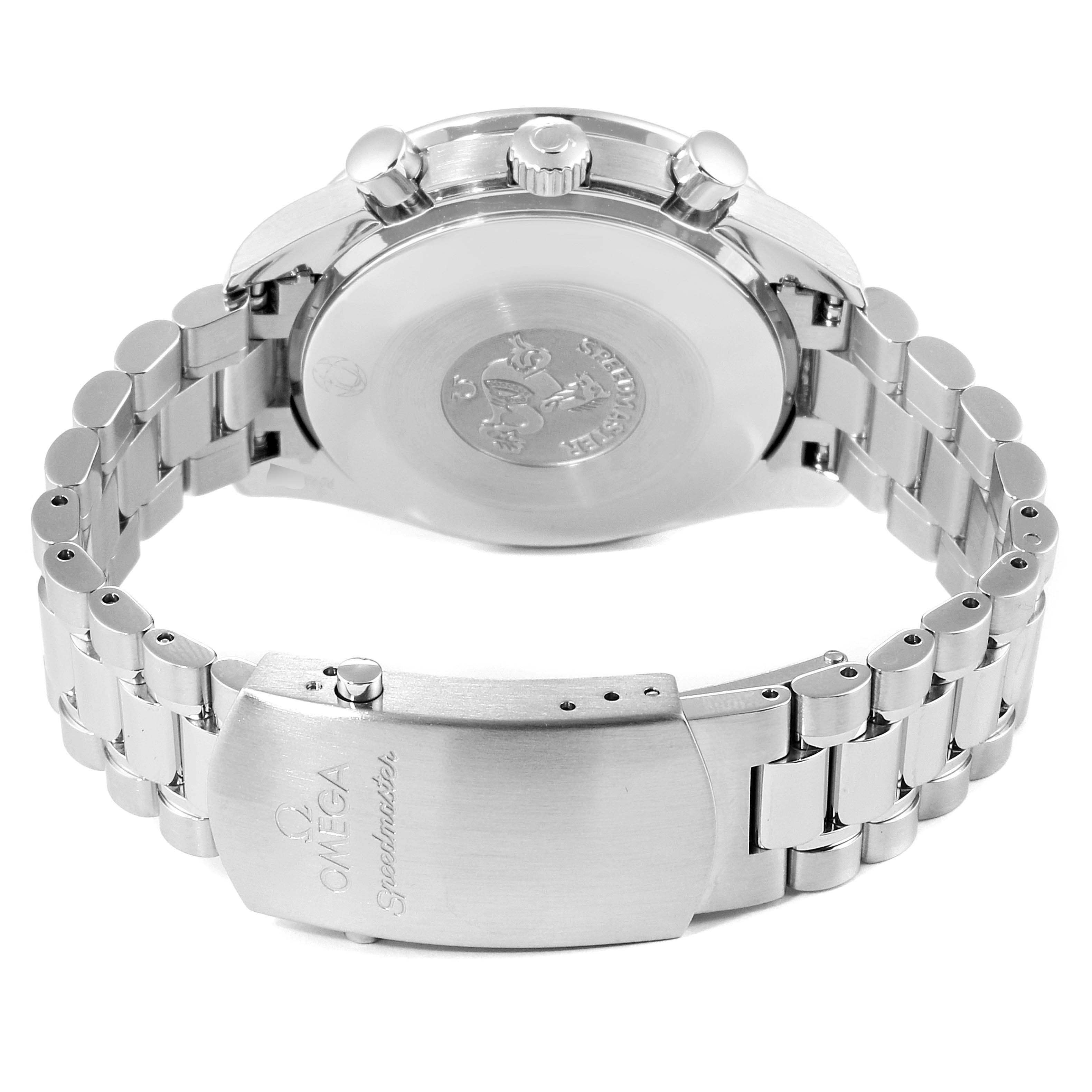 This image shows the back case and bracelet of an Omega Speedmaster 3539.50.00 Men
s Stainless Steel Black Dial 3539.50.00 Men
s Stainless Steel Black Dial watch, highlighting the clasp and caseback engravings.